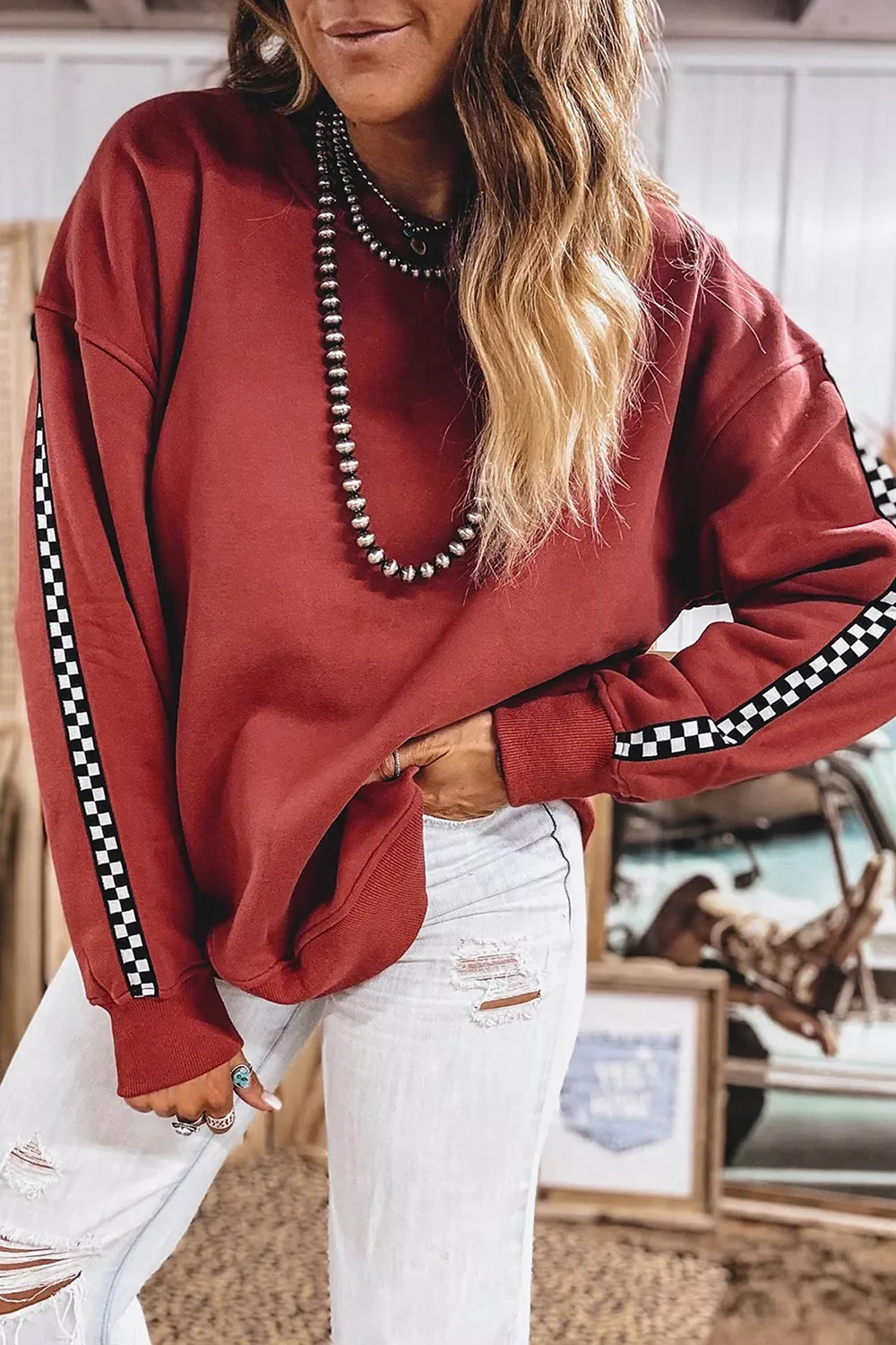Checkered Trim Long Sleeve Round Neck Shift Sweatshirt, image 2