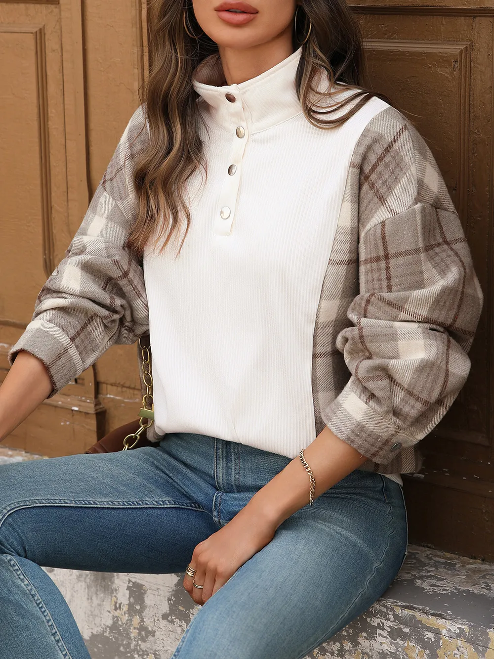 Snap Down Plaid Long Sleeve Sweatshirt, image 4