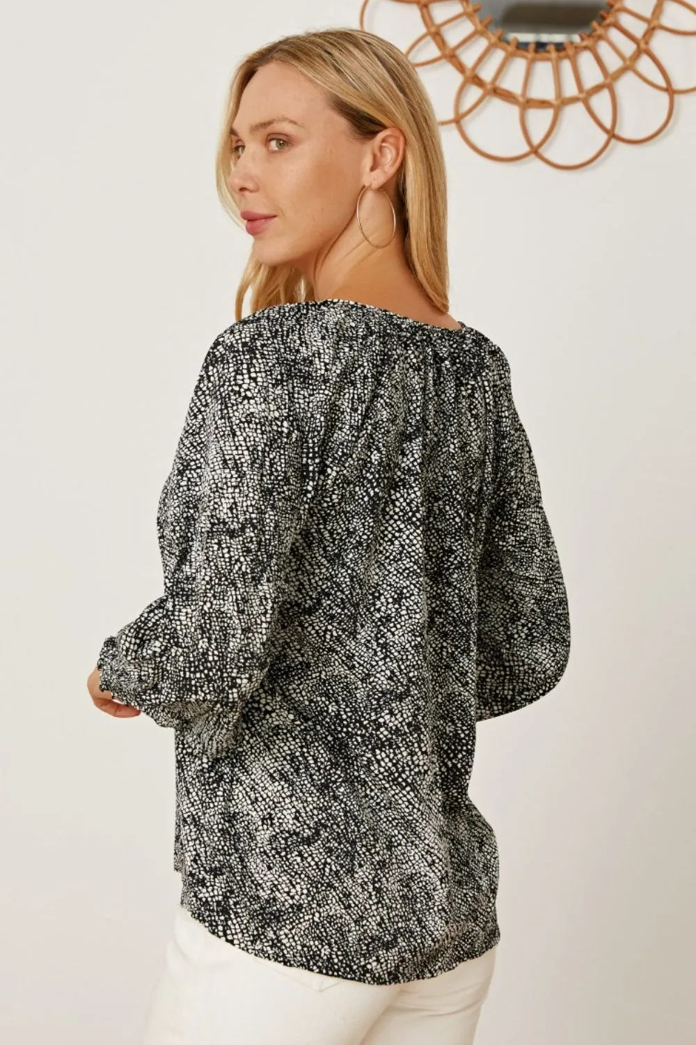 Printed Tie Neck Lantern Sleeve Blouse, image 6