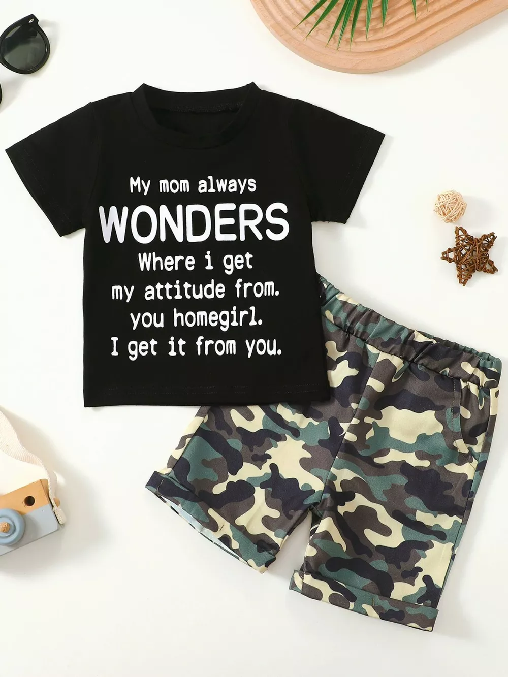 Children's Letter Graphic Tee and Camouflage Shorts Set, image 13