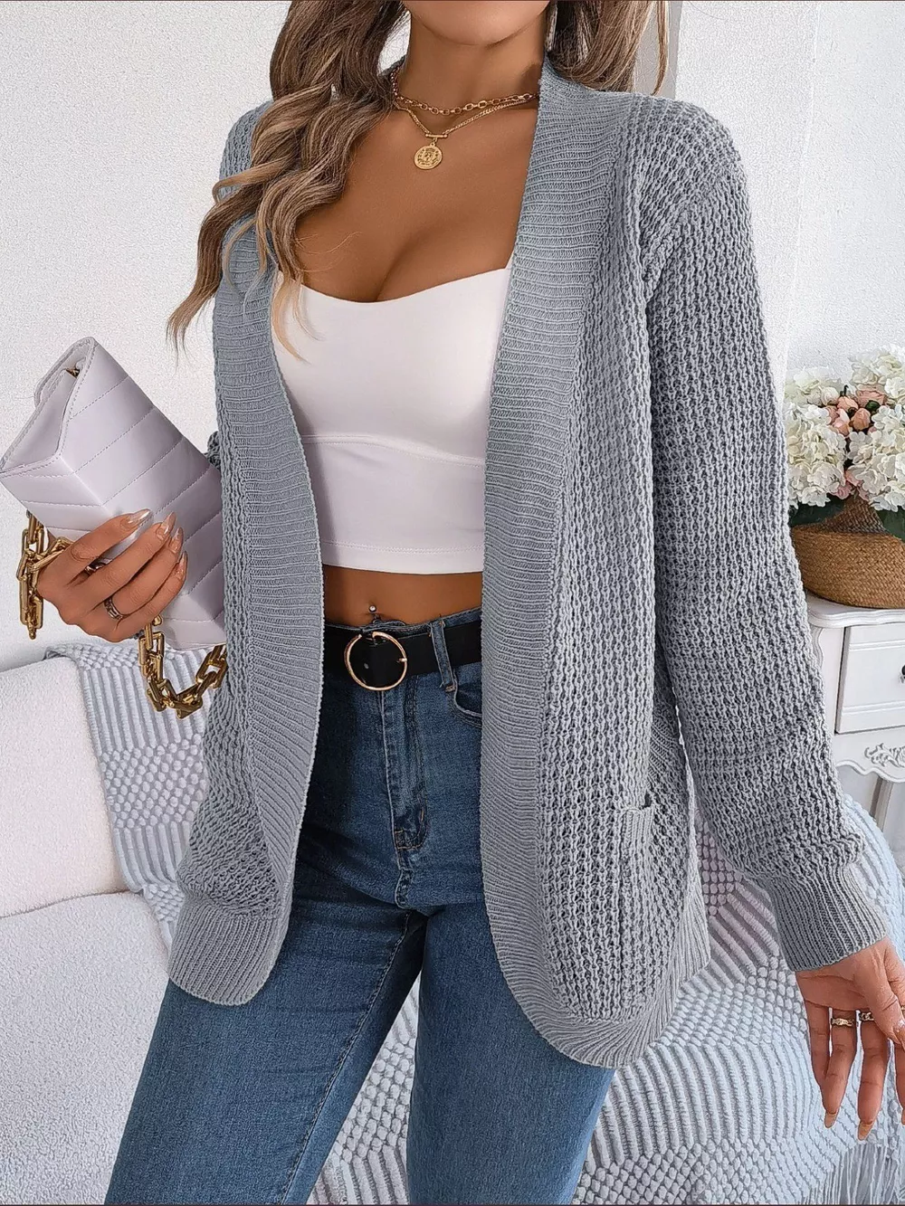 Chunky Knit Open Front Cardigan with Pockets, image 25