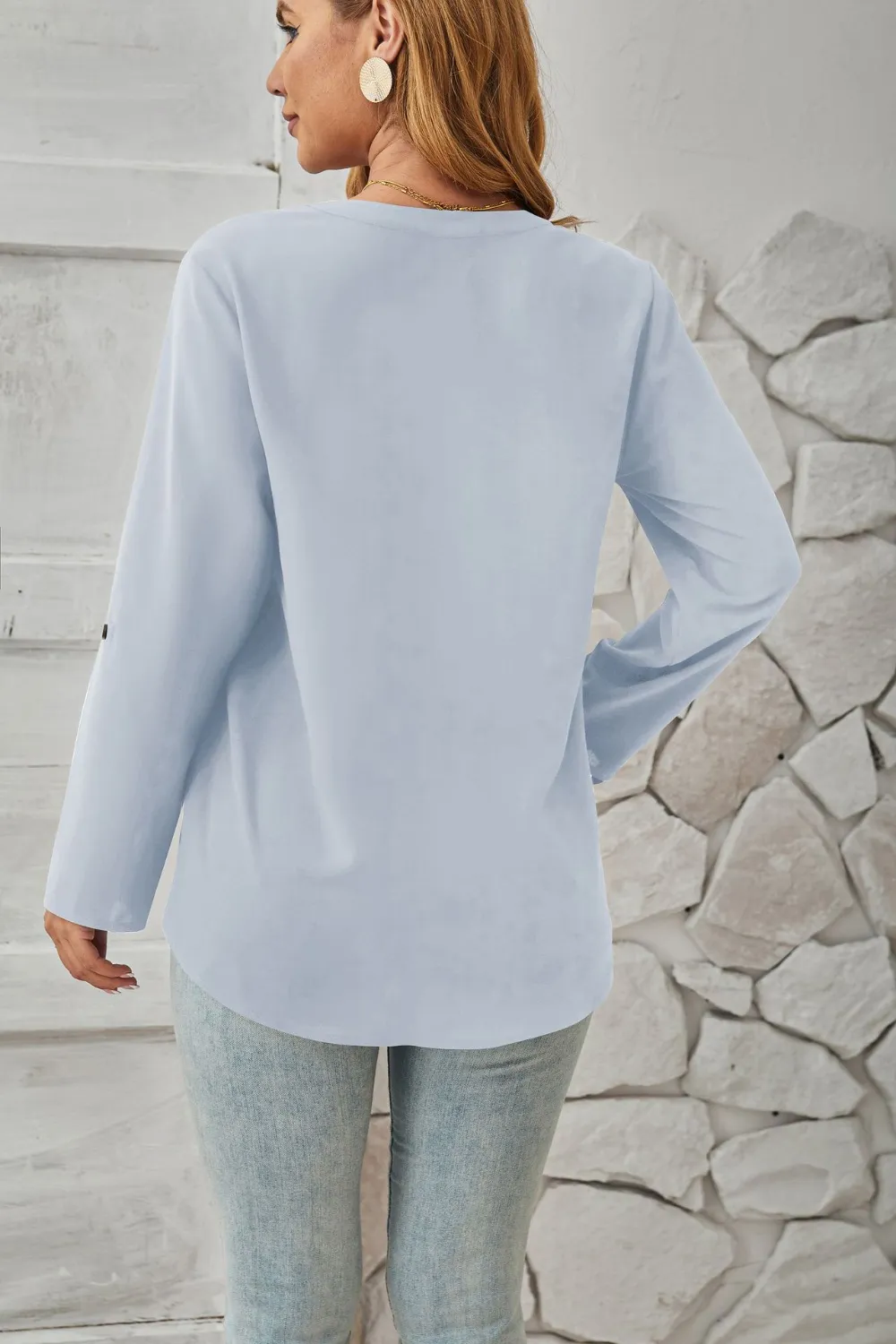Decorative Button Notched Long Sleeve Blouse, image 4