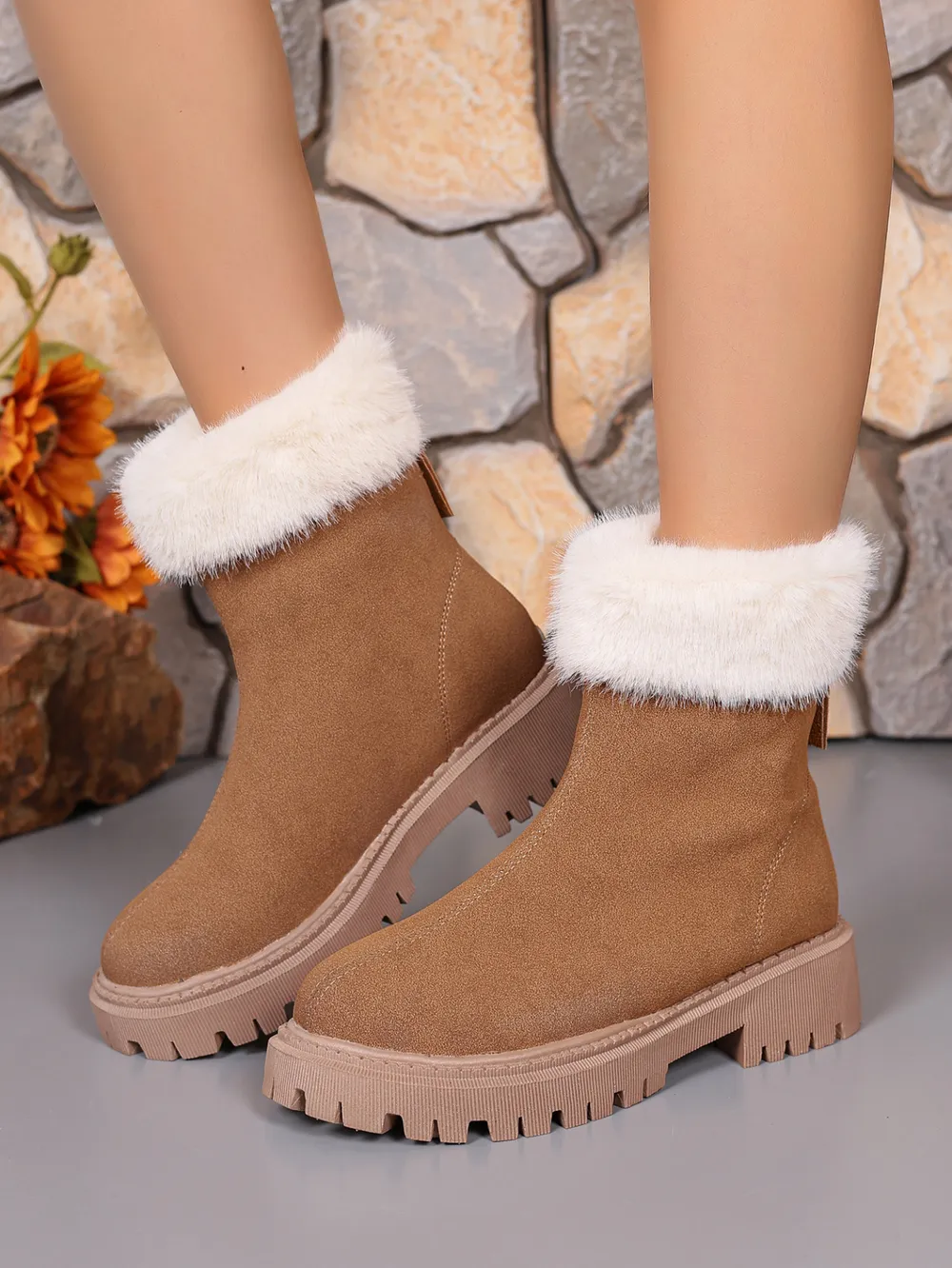 Faux Fur Trim Suede Platform Boots, image 3