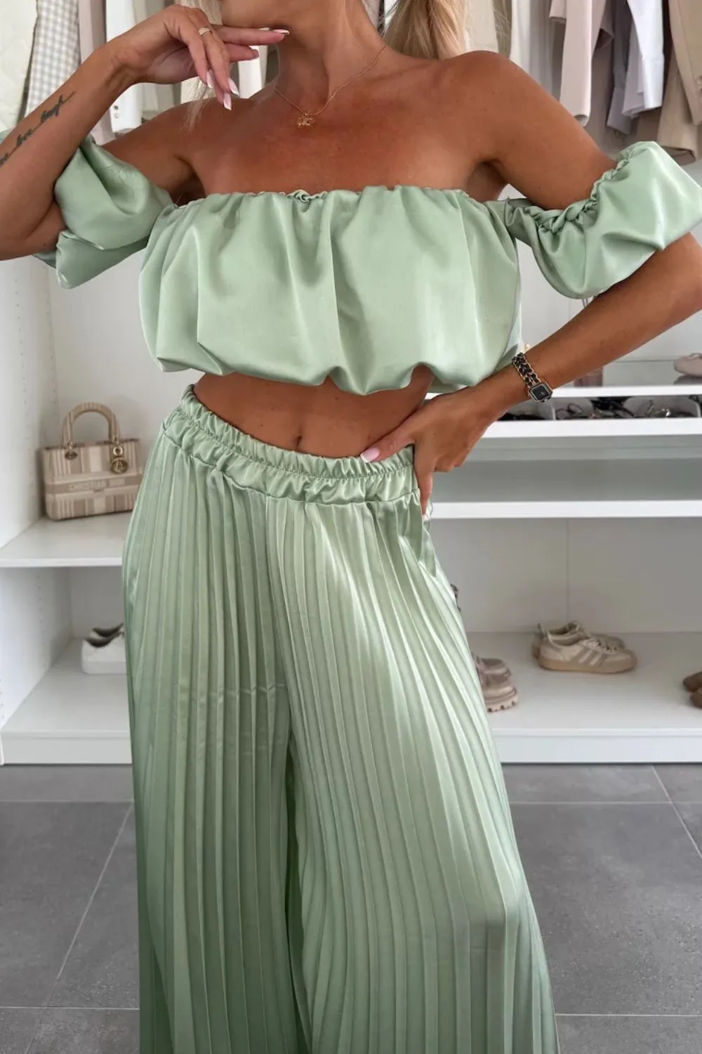 Off-Shoulder Top and Pleated Pants Set, image 22
