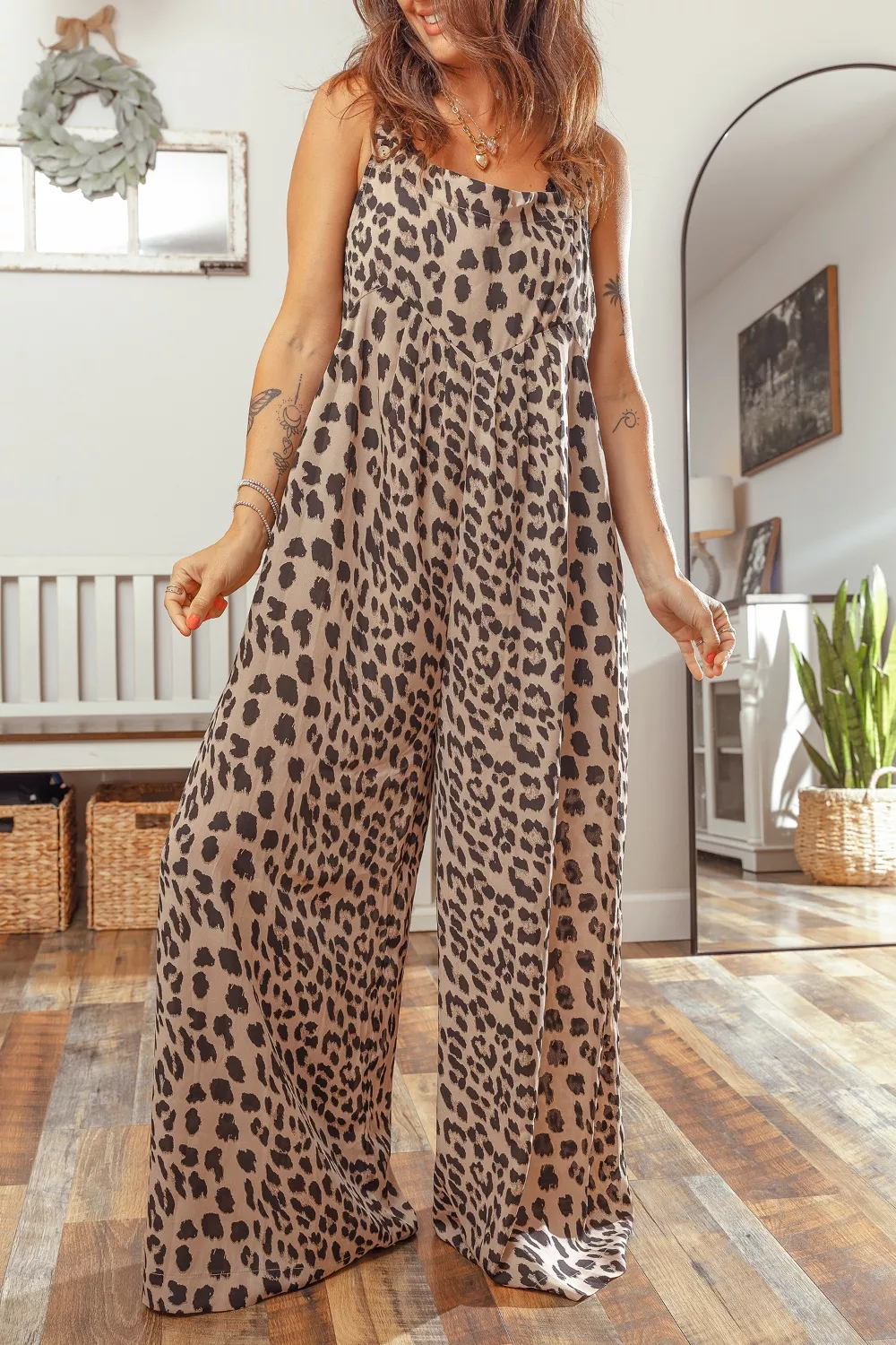 Leopard Print Square Neck Pleated Wide Leg Jumpsuit, image 3