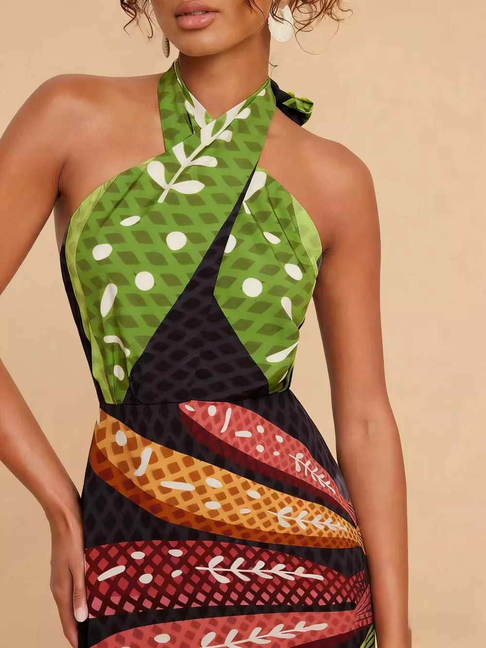 Tropical Print Halter Neck Midi Dress, image 2