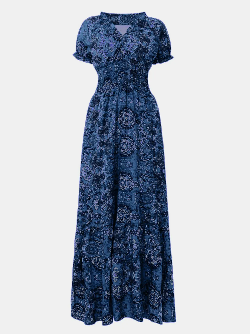 Full Size Smocked Printed V-Neck Short Sleeve Dress, image 17