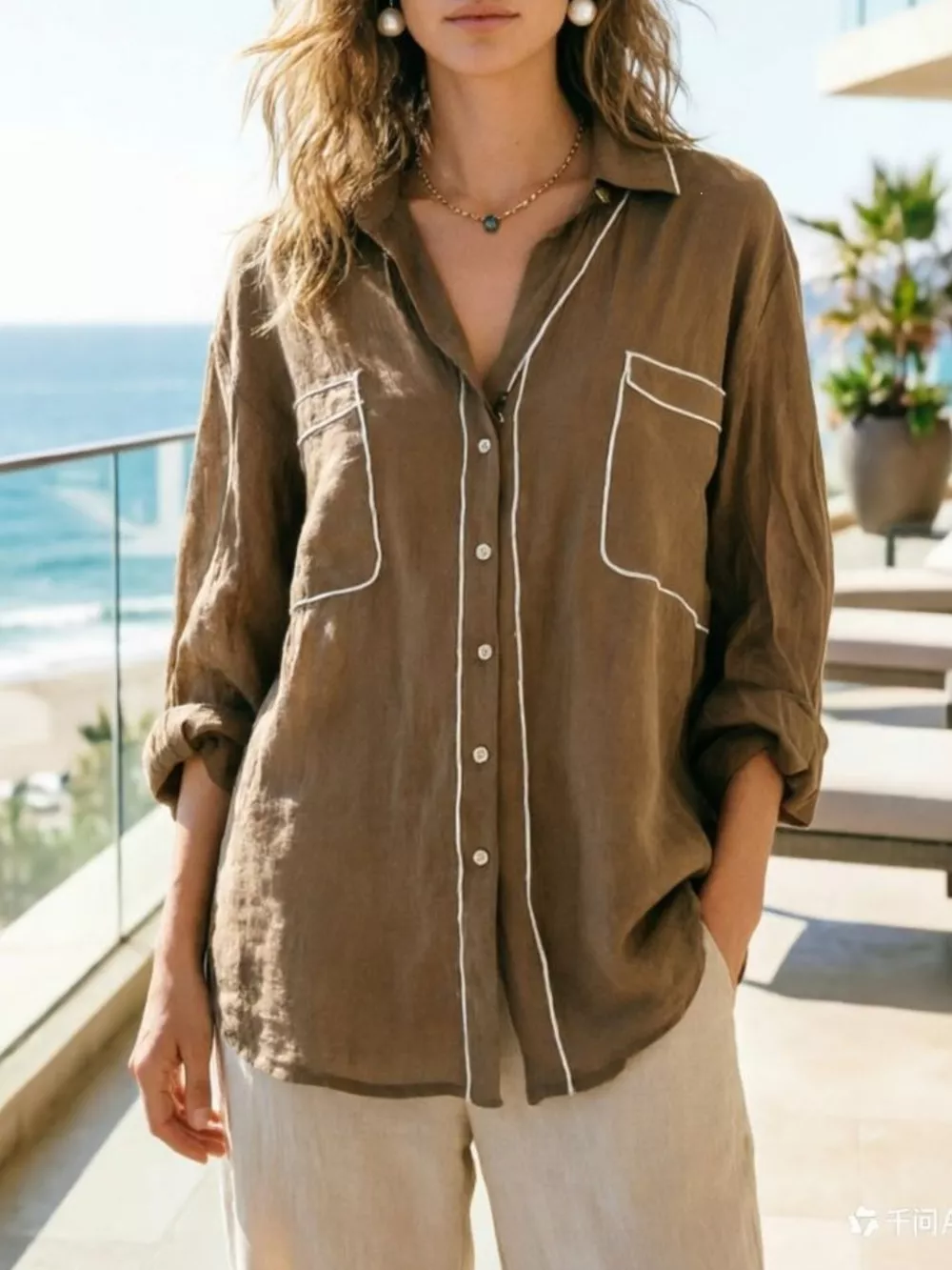 Contrast Trim Button Up Long Sleeve Shirt, image 6