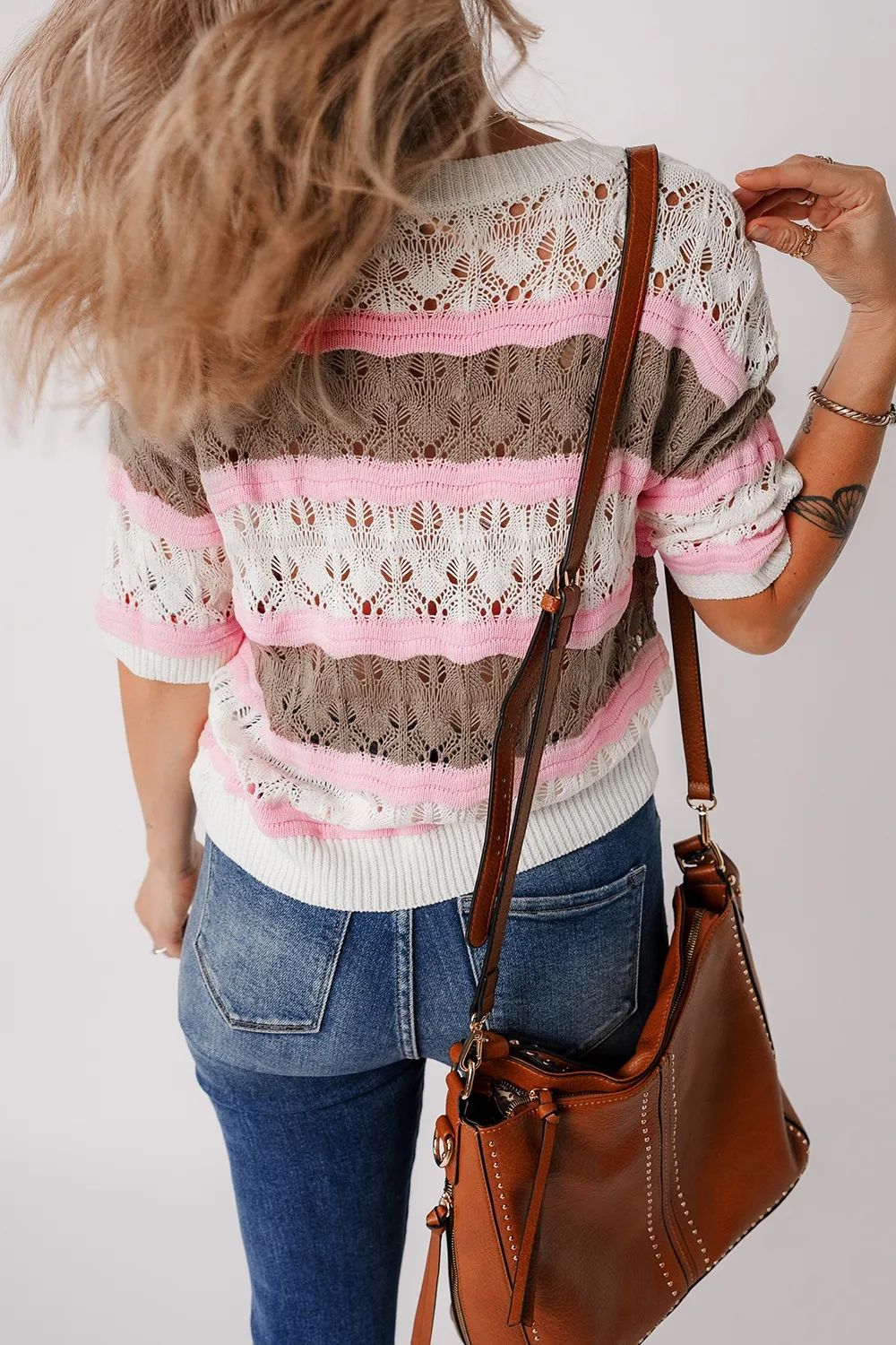Color Block Openwork Half Sleeve Sweater, image 9