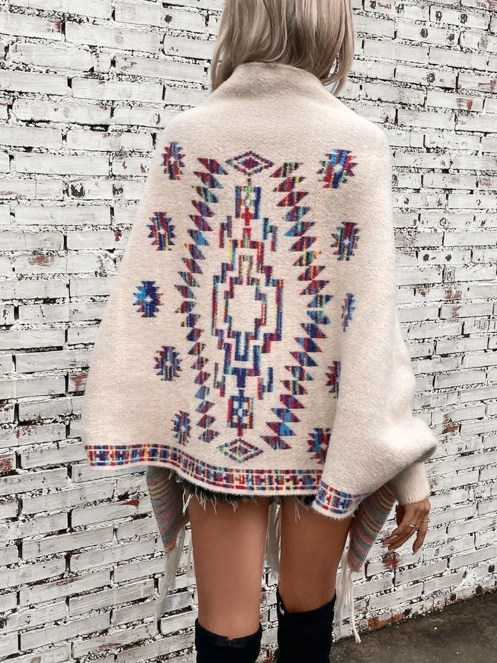 Fringe Geometric Open Front Long Sleeve Cape, image 8