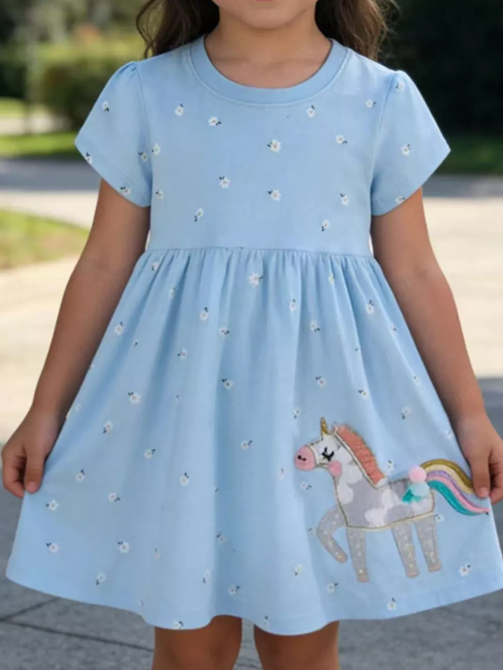Children's Floral Unicorn Round Neck Dress