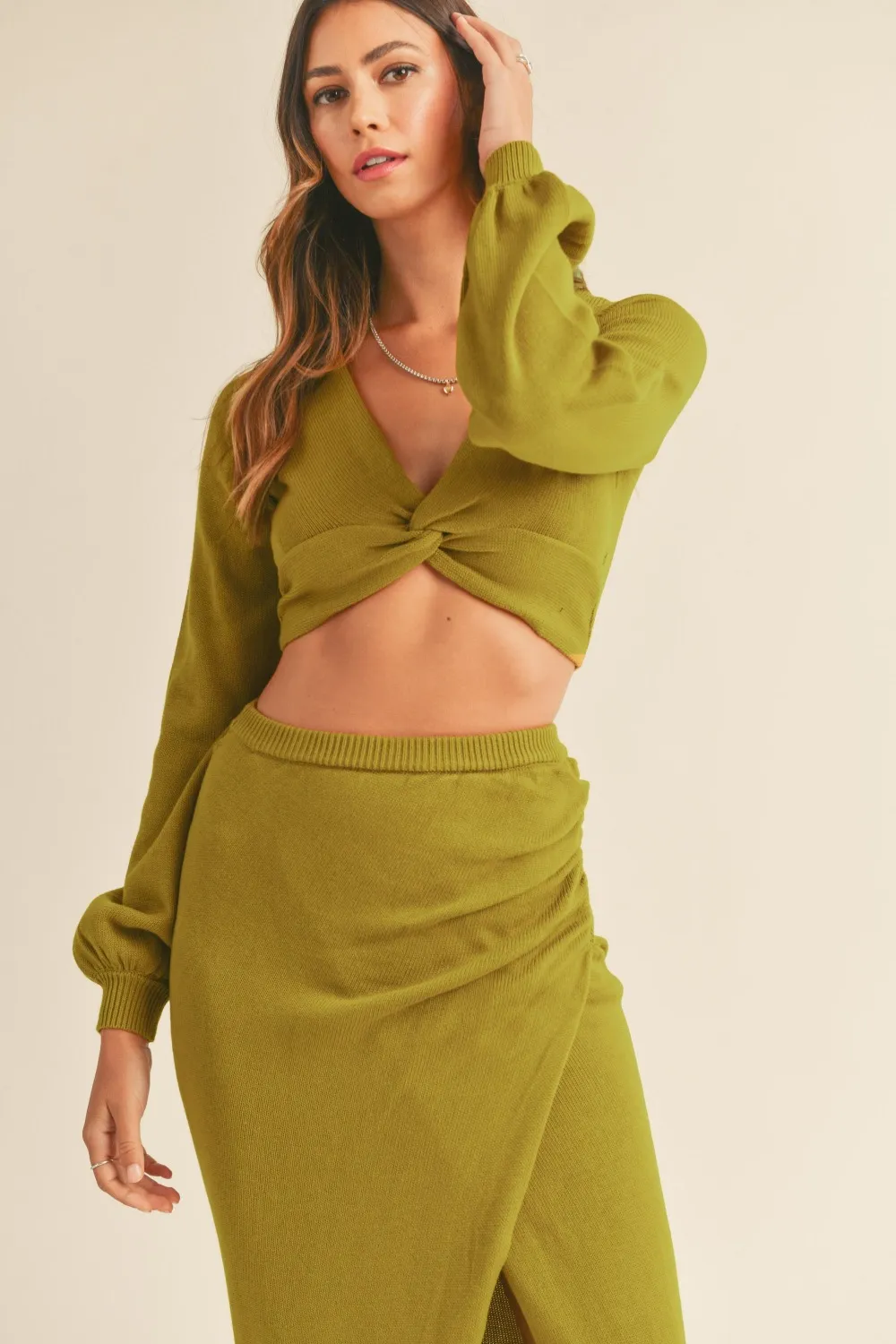Front Twisted Knit Top and Midi Skirt Set, image 4