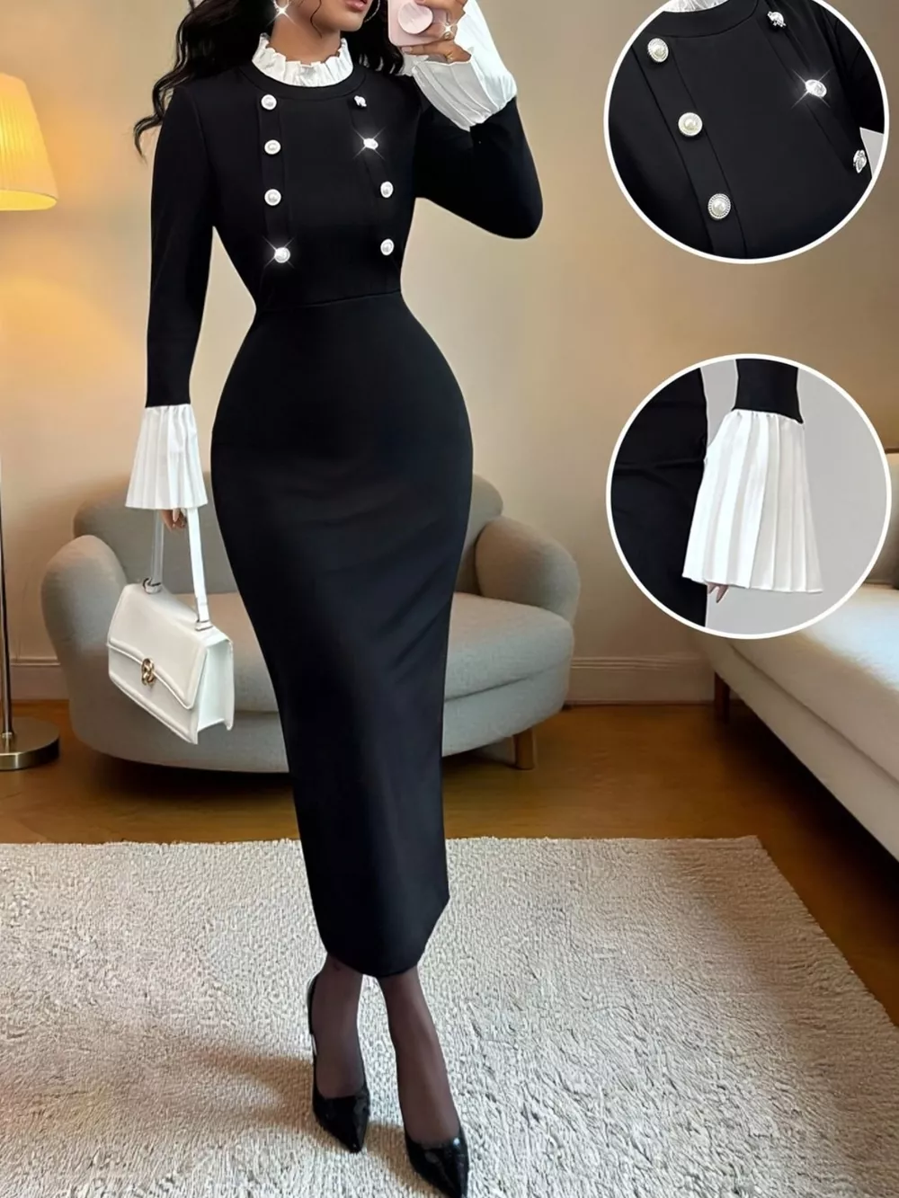 Two Tone Long Sleeve Midi Dress, image 5