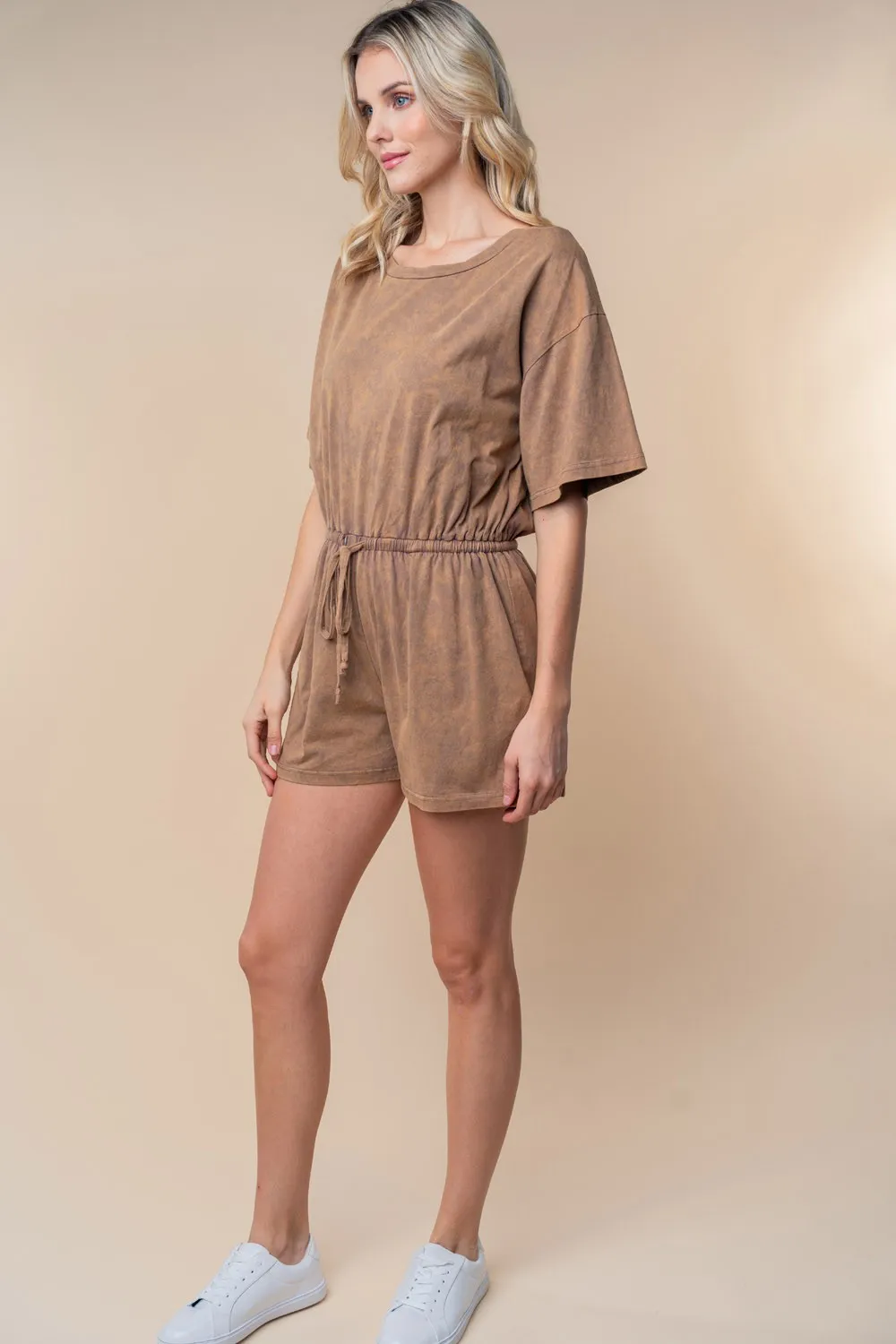 Full Size Short Sleeve Drawstring Romper, image 5