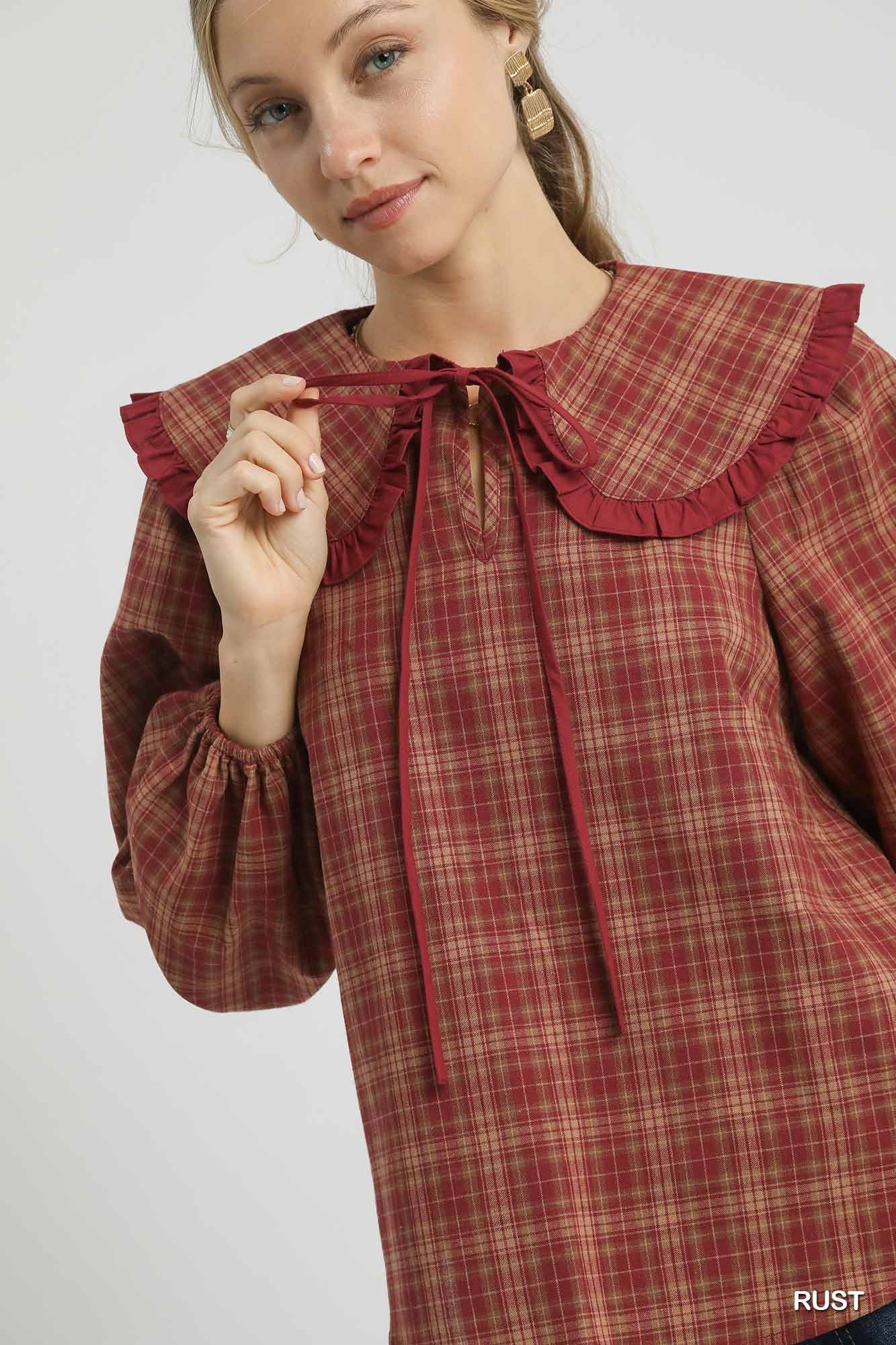 Full Size Plaid Ruffle Collar Blouse Plus Size, image 5