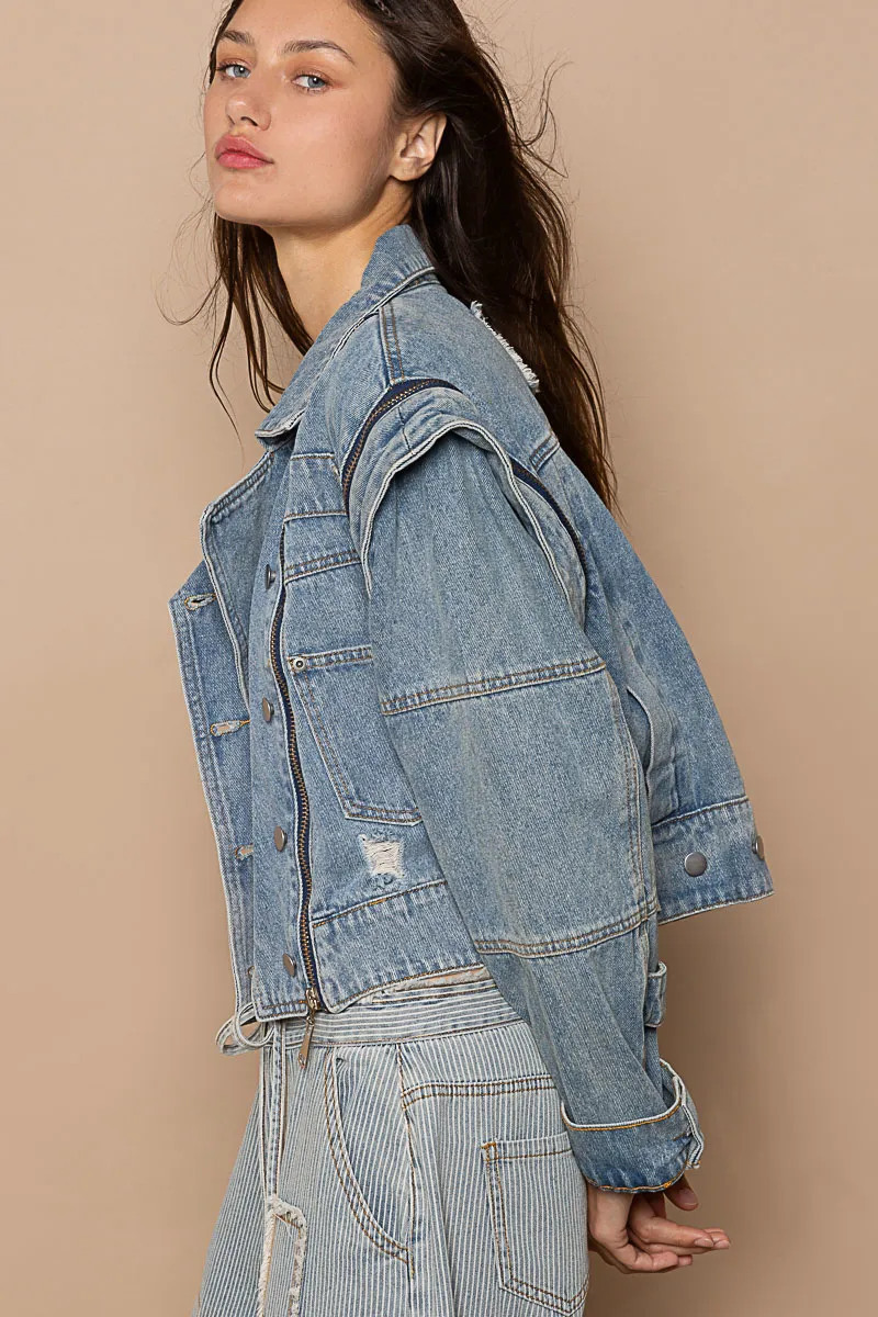 Cropped Denim Jacket with Functional Zipper Detail, image 2