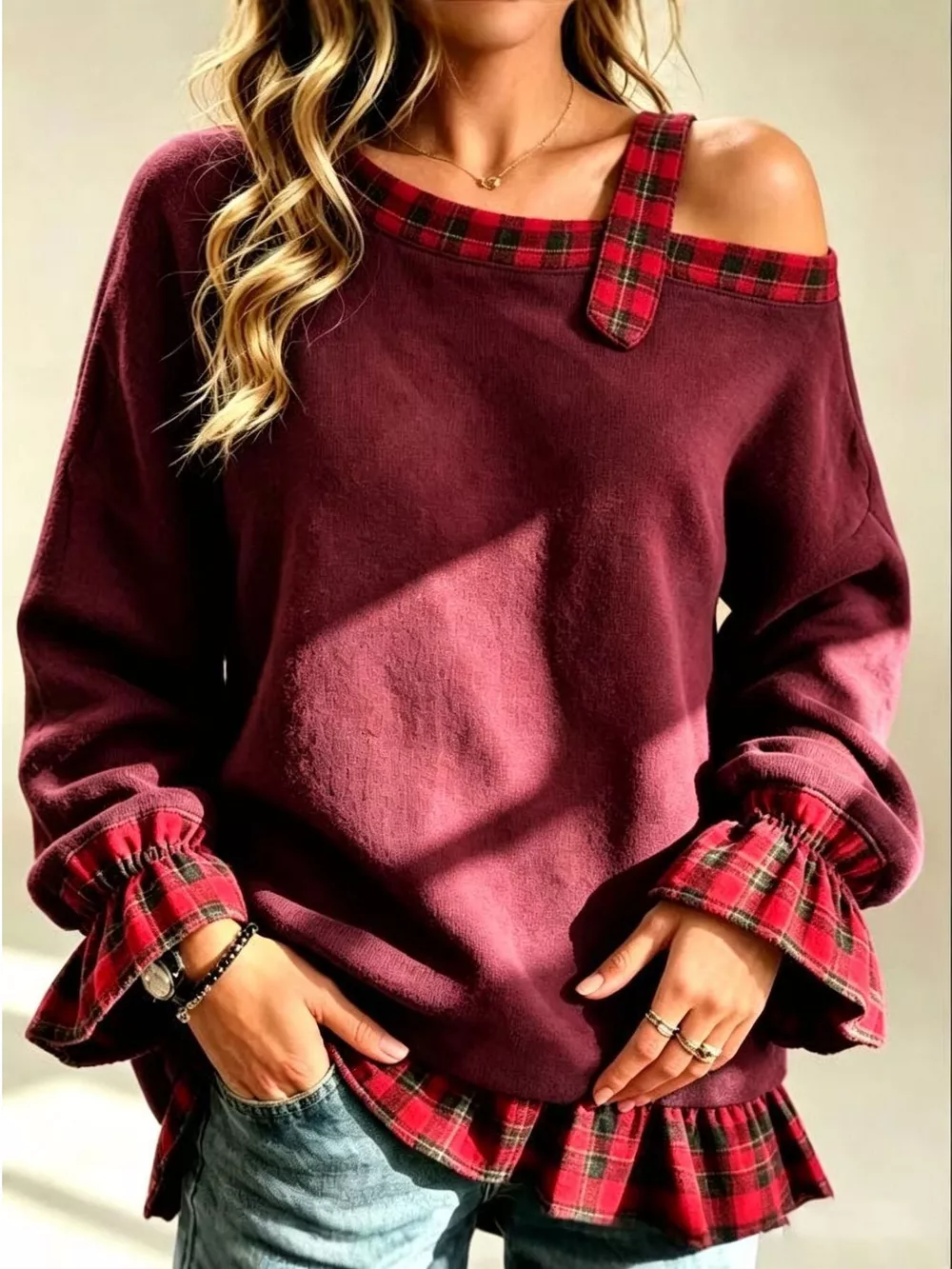 Full Size Cold-Shoulder Plaid Patchwork Long Sleeve Top Plus Size, image 7