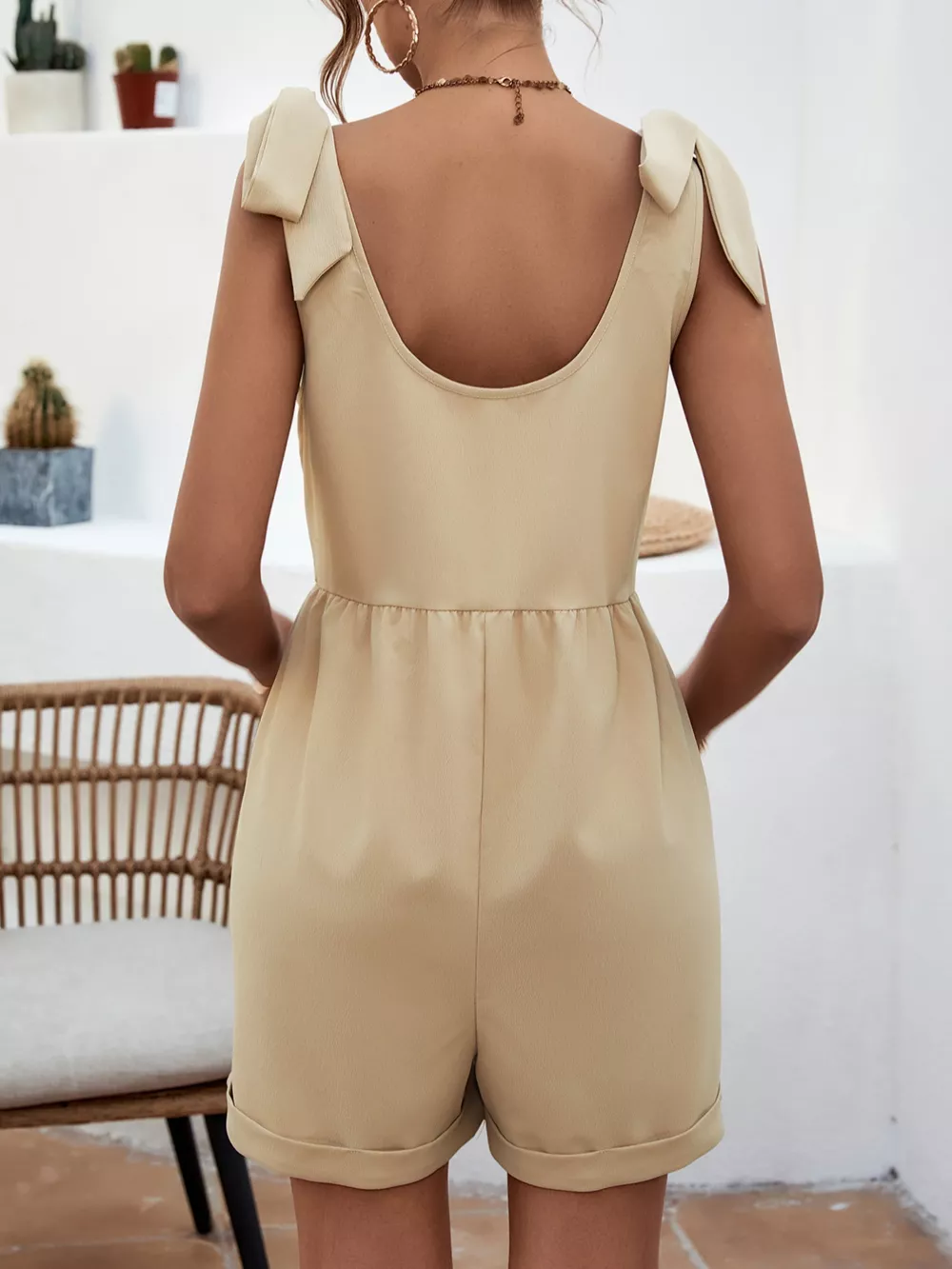 Tie Shoulder Romper with Front Pockets, image 6