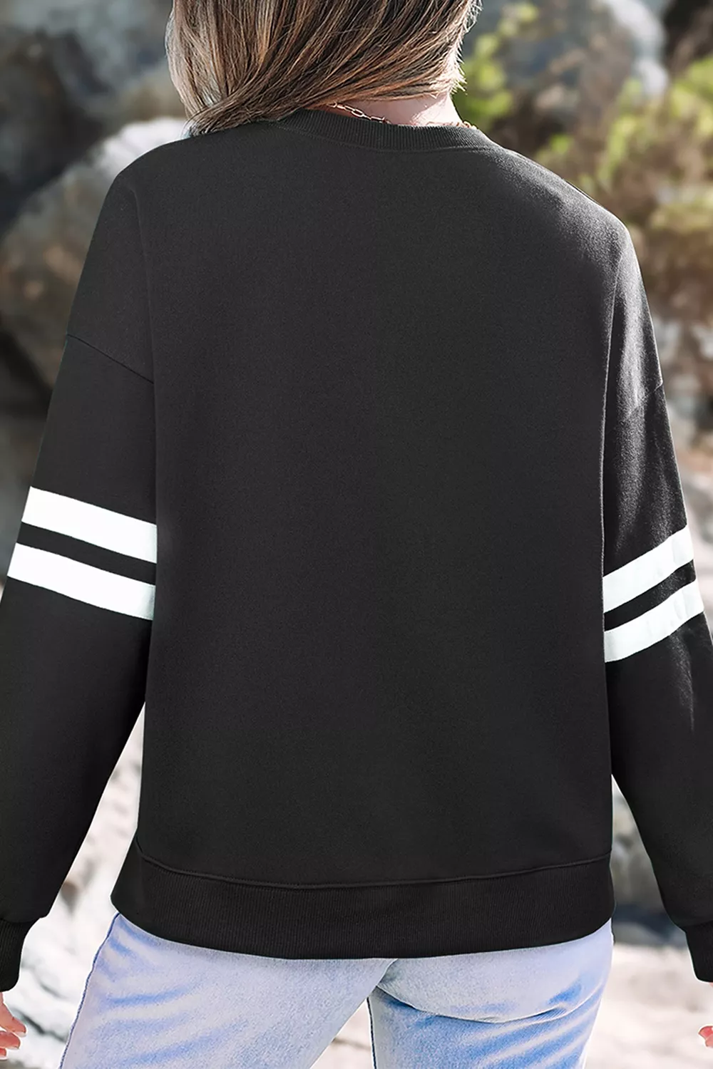 Rhinestone Mallard Contrast Striped Sleeve Casual Sweatshirt, image 4