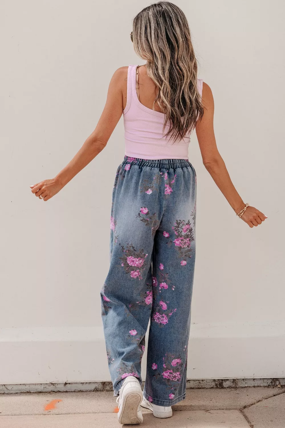 Floral Print Wide Leg Elastic Waist Jeans, image 7