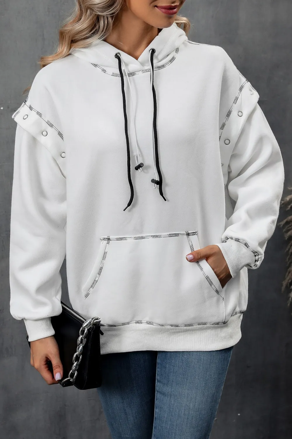 Drawstring Kangaroo Pocket Dropped Shoulder Hoodie, image 3