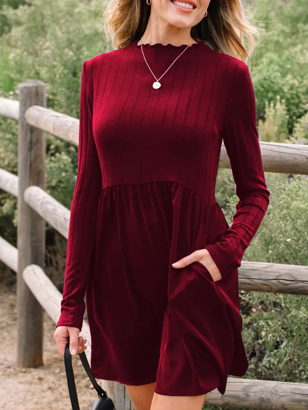 Frilled Neck Ribbed Knit Patchwork Long Sleeve Mini Dress, image 4