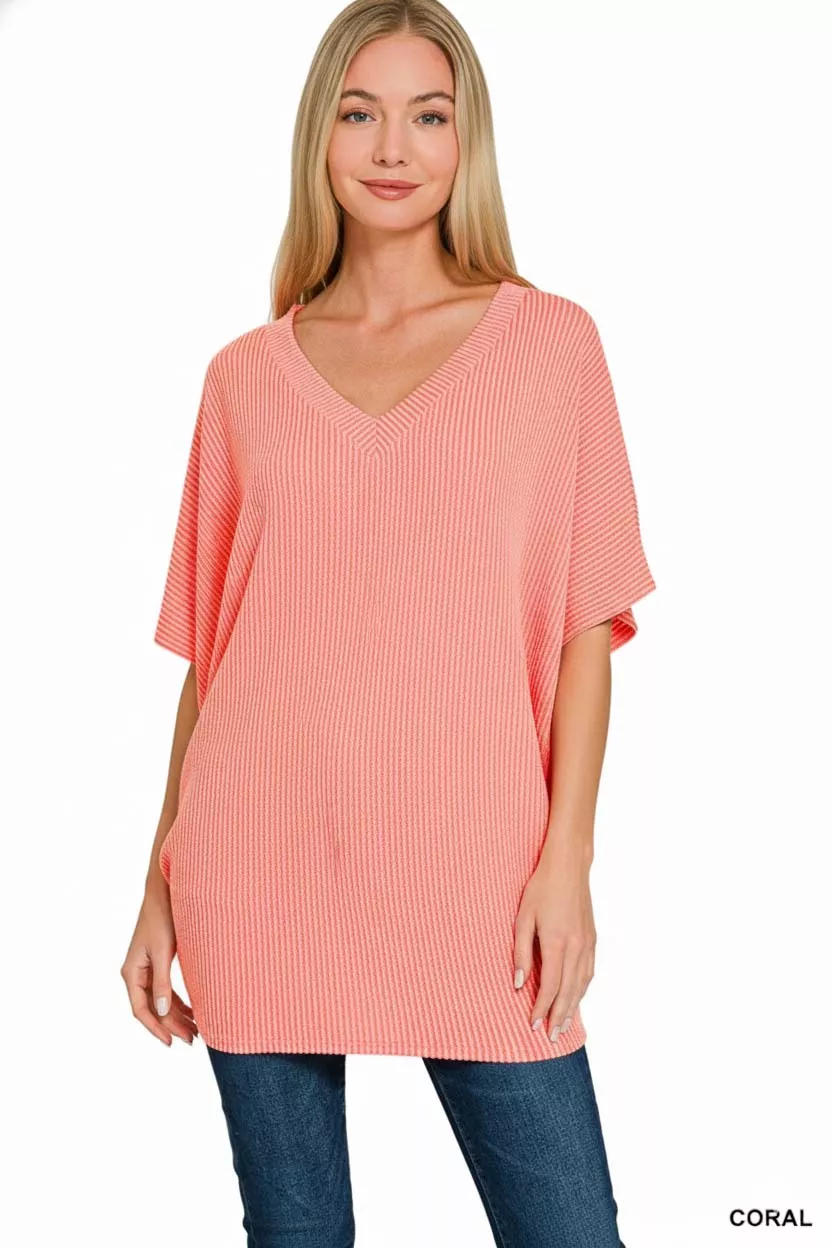 Raised Rib V-Neck Batwing Top, image 2