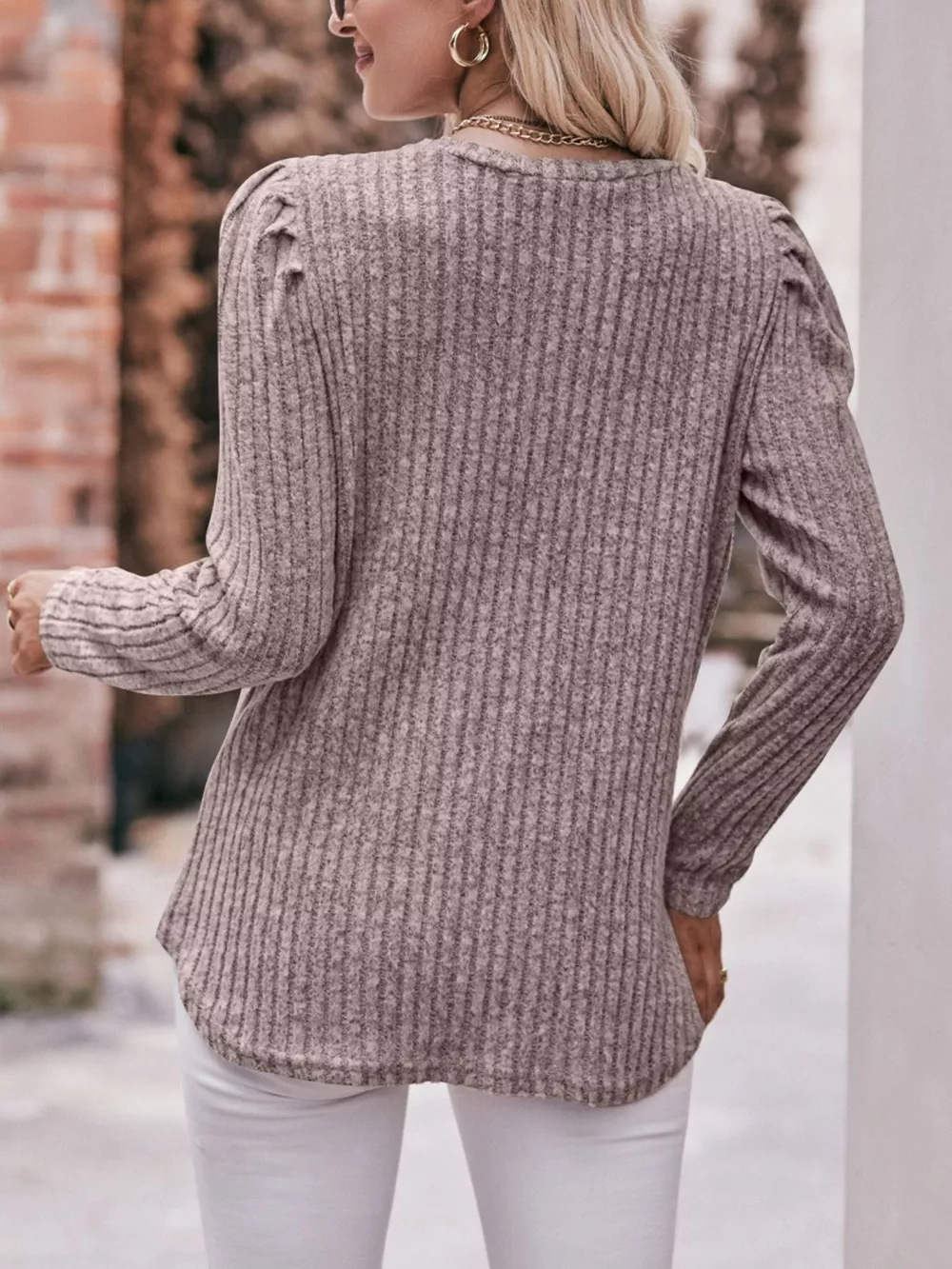 Ribbed Knit Puff Sleeve T-Shirt, image 5