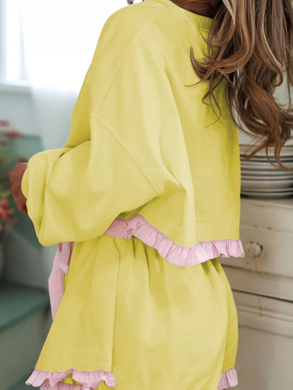Contrast Frill Hem Round Neck Top and Shorts Set, image 8