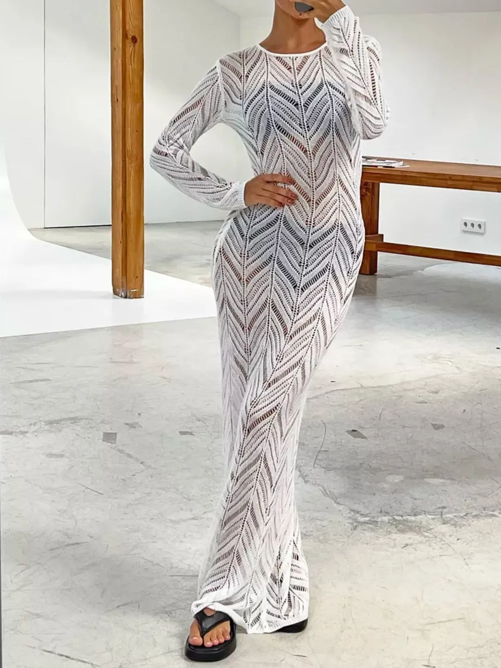 Openwork Long Sleeve Knit Cover Up Dress, image 17