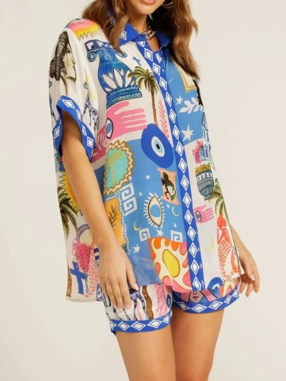 Printed Button Up Shirt and Shorts Set, image 3
