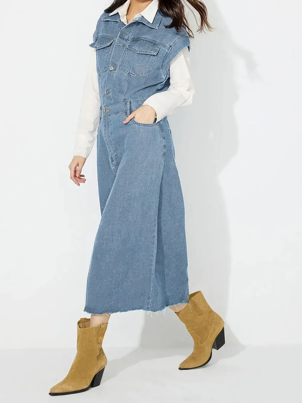 Slit Half Button Collared Neck Cap Sleeve Denim Dress, image 3
