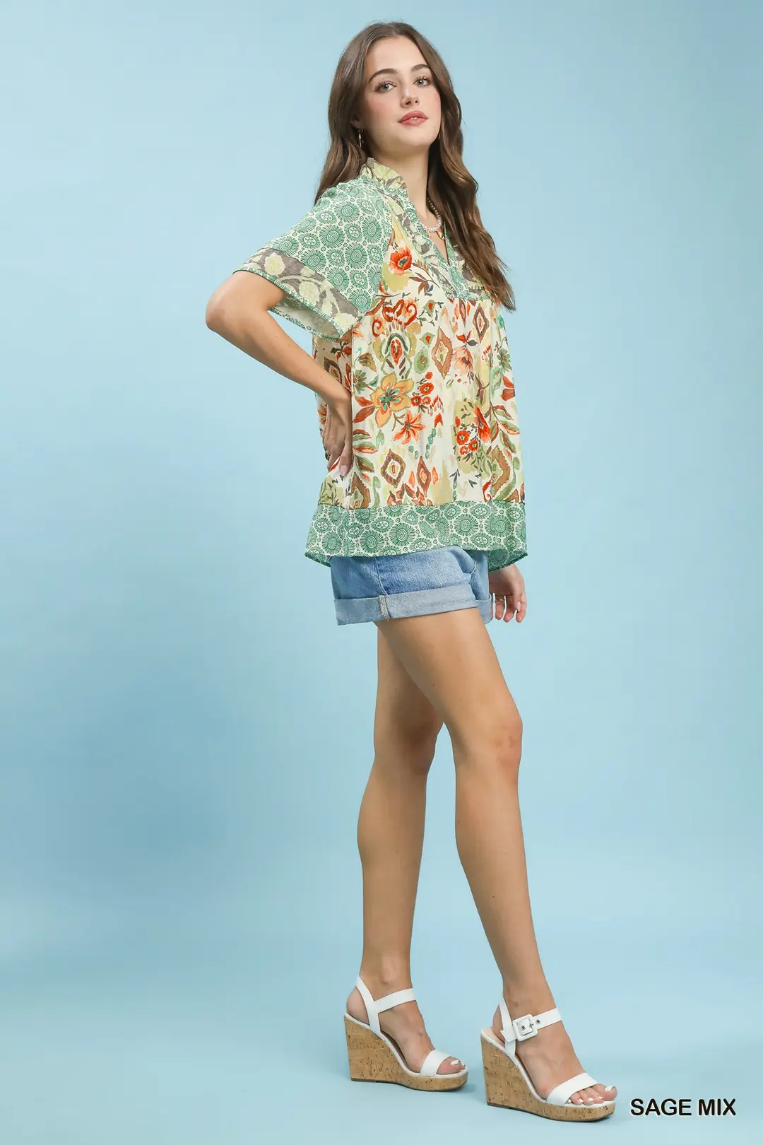 Mixed Print V-Neck Short Sleeve Top, image 4