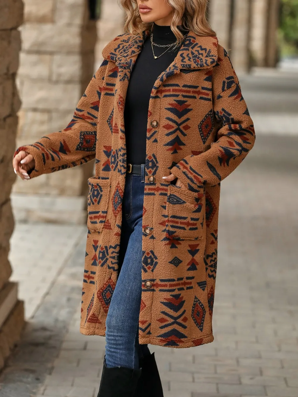 Geometric Pocketed Dropped Shoulder Coat, image 7