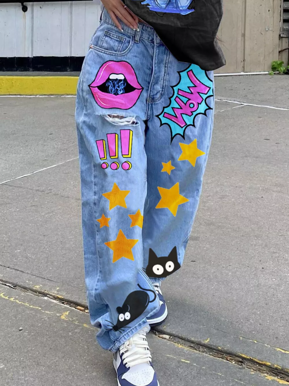 Full Size Pop Art Print Loose Fit Jeans Plus Size