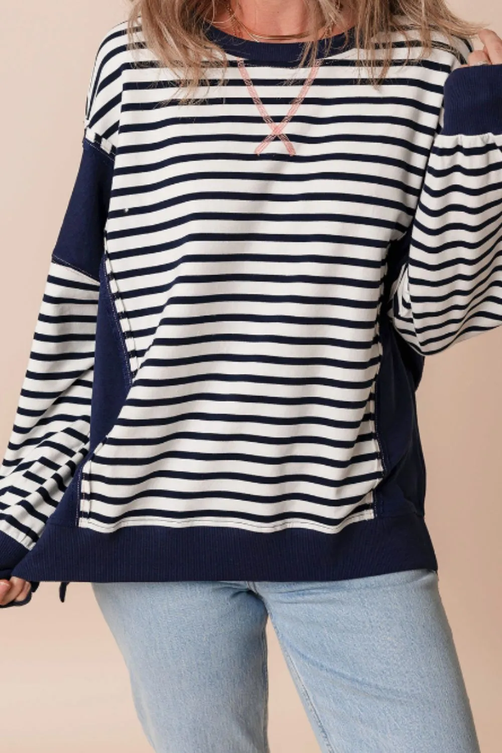 Exposed Seam Striped Long Sleeve Sweatshirt, image 9