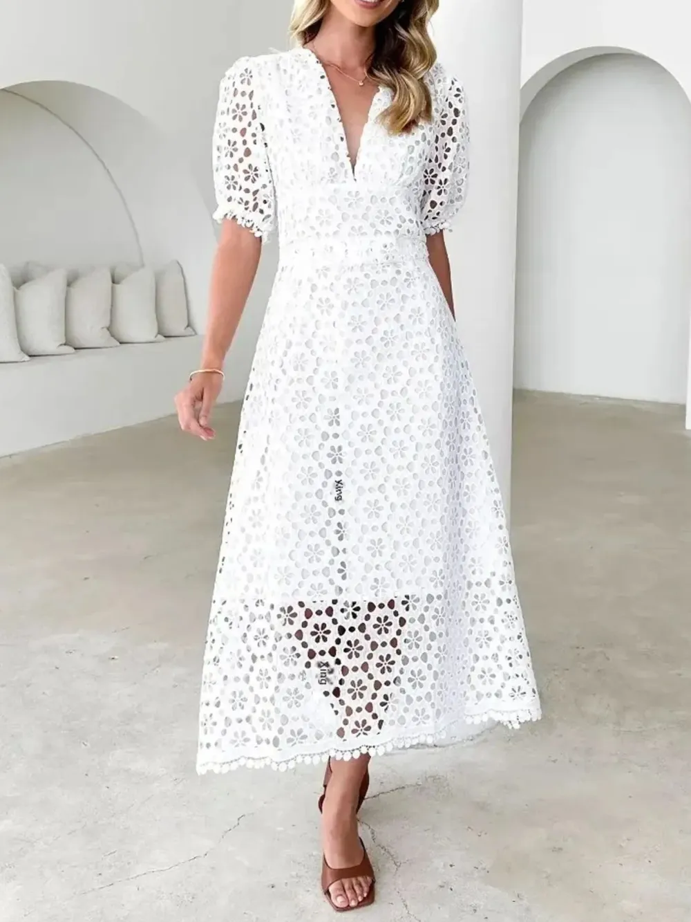 Eyelet Lace V-Neck Midi Dress with Puff Sleeves, image 22