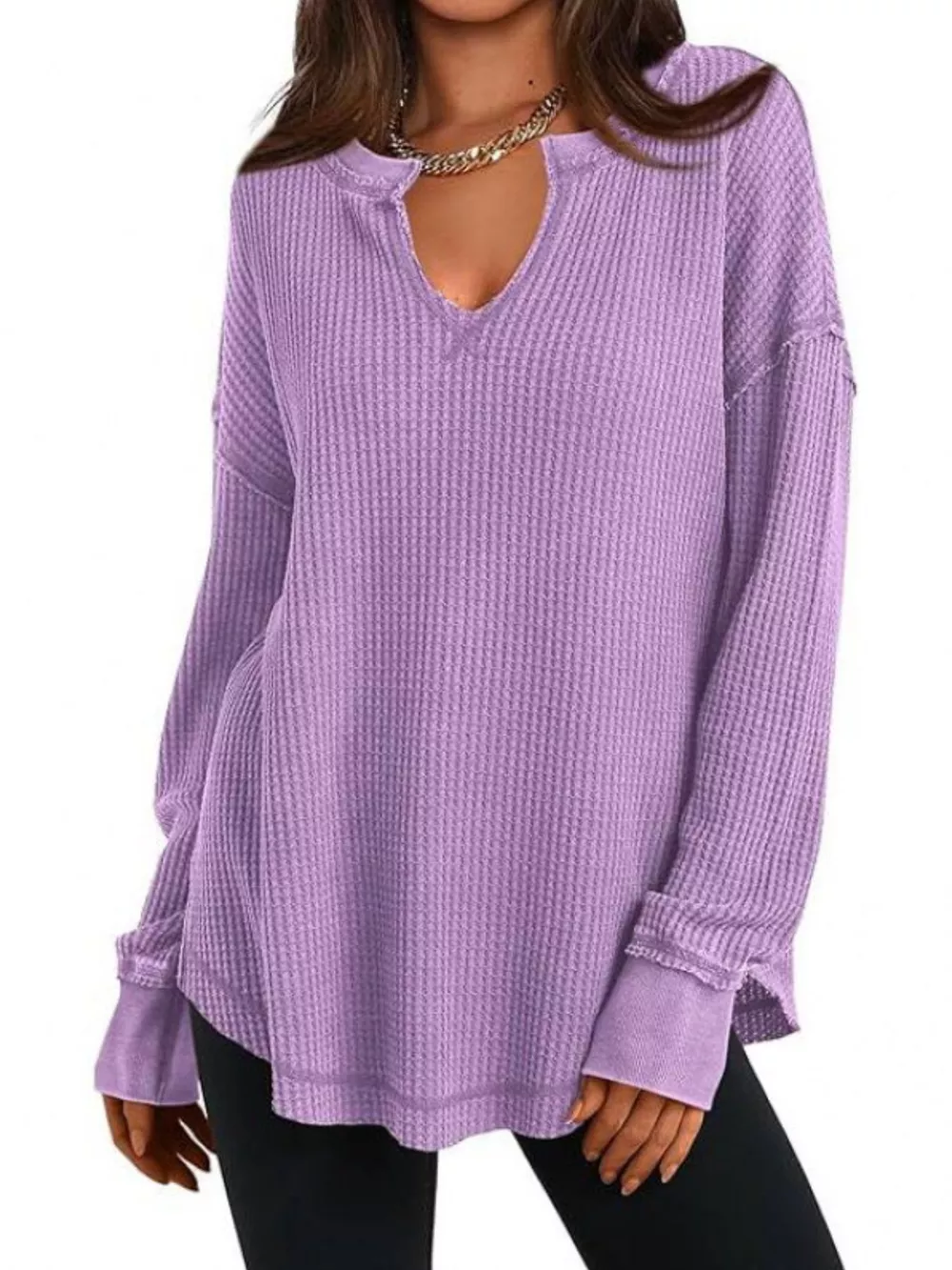 Slit Notched Long Sleeve T-Shirt, image 15