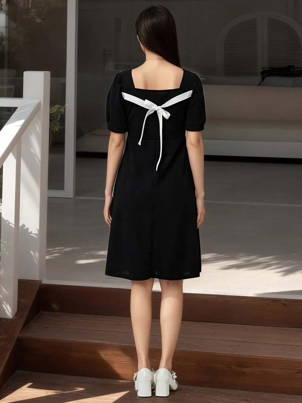 Puff Sleeve Bow Back Mini Dress, image 4