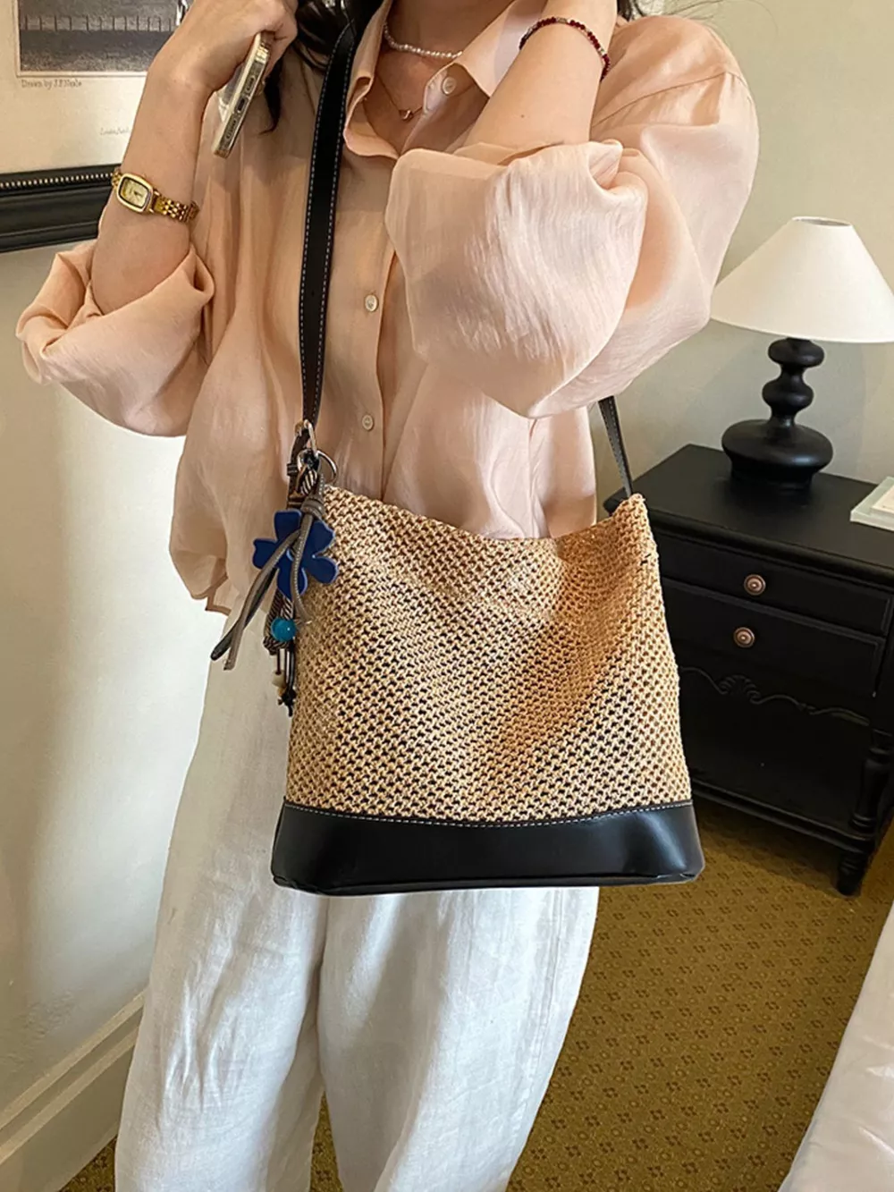 Leather Trim Woven Shoulder Bag, image 5