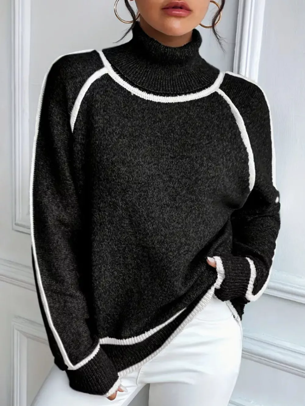 Full Size Turtleneck Contrast Trim Sweater Plus Size, image 10