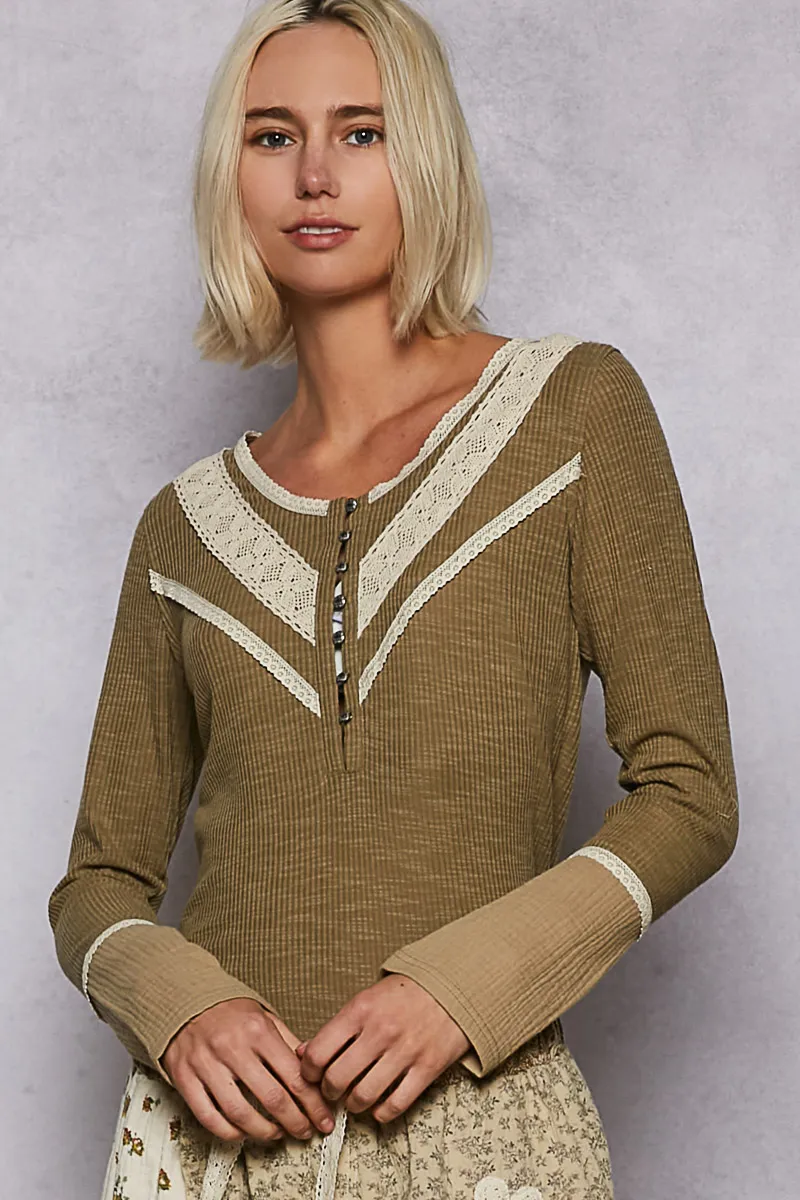 Ribbed Half Button Lace Detail Knit Top, image 2