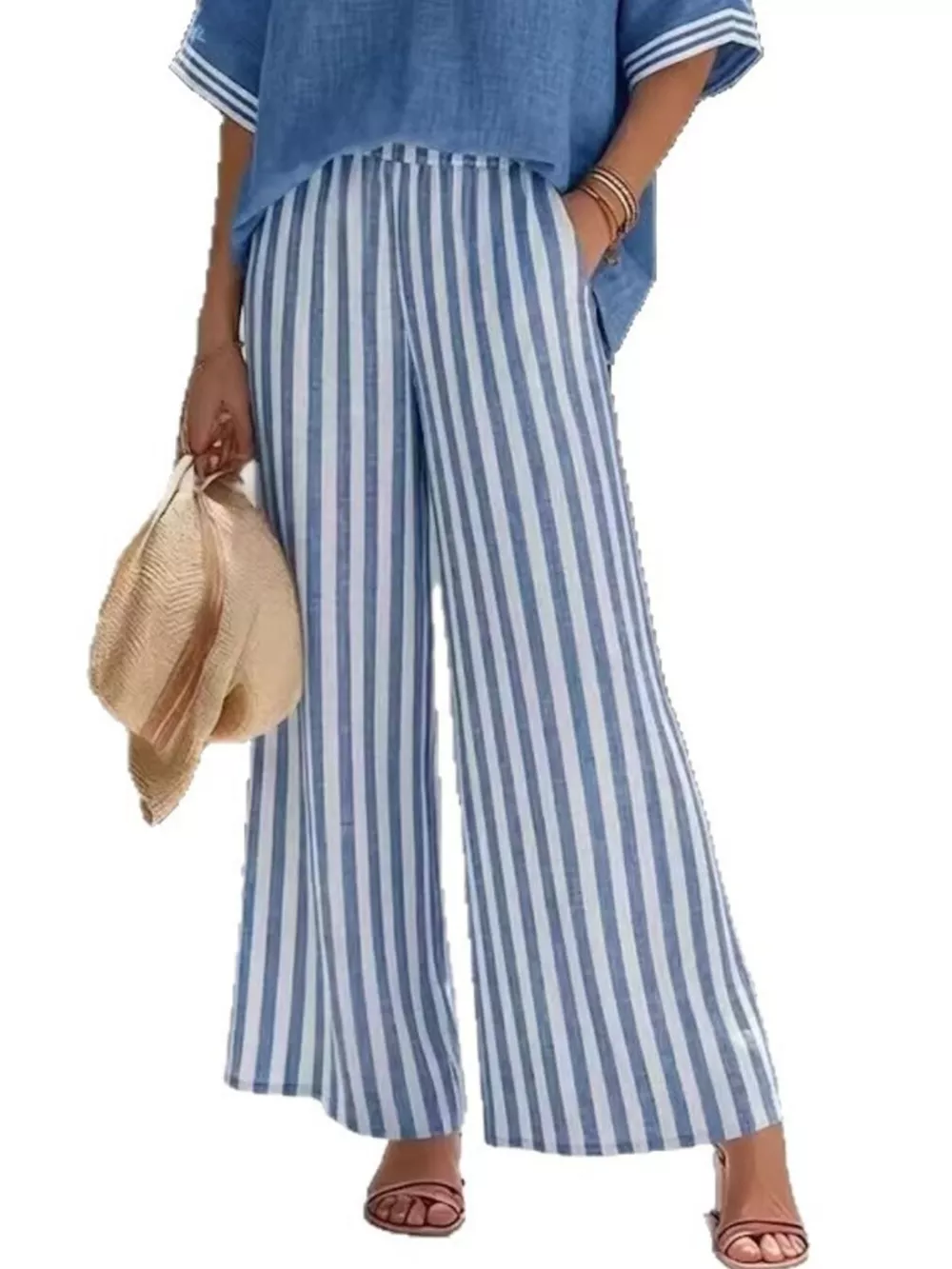 Full Size Striped V-Neck Top and Wide Leg Pants Set Plus Size, image 3