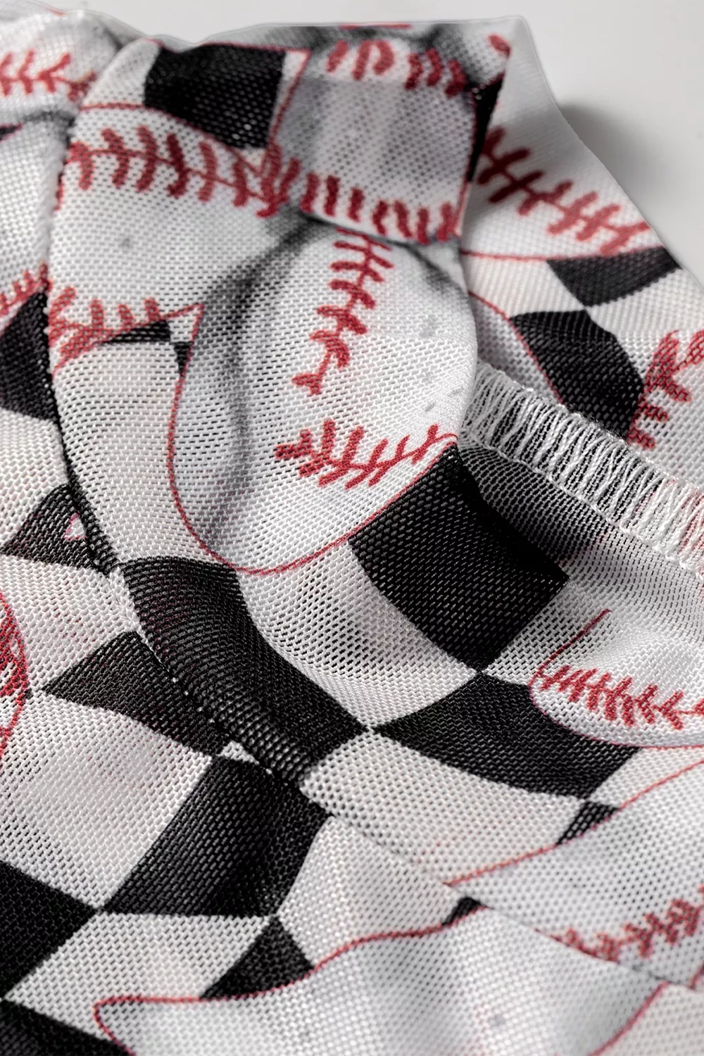 Checkered Baseball Bow Print High Neck Long Sleeve Mesh Top, image 5