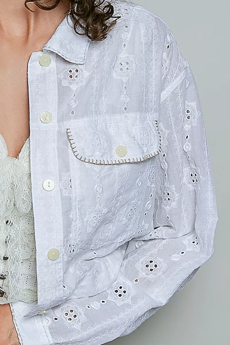 POL Eyelet Textured Cotton Cropped Button Front Jacket, image 6