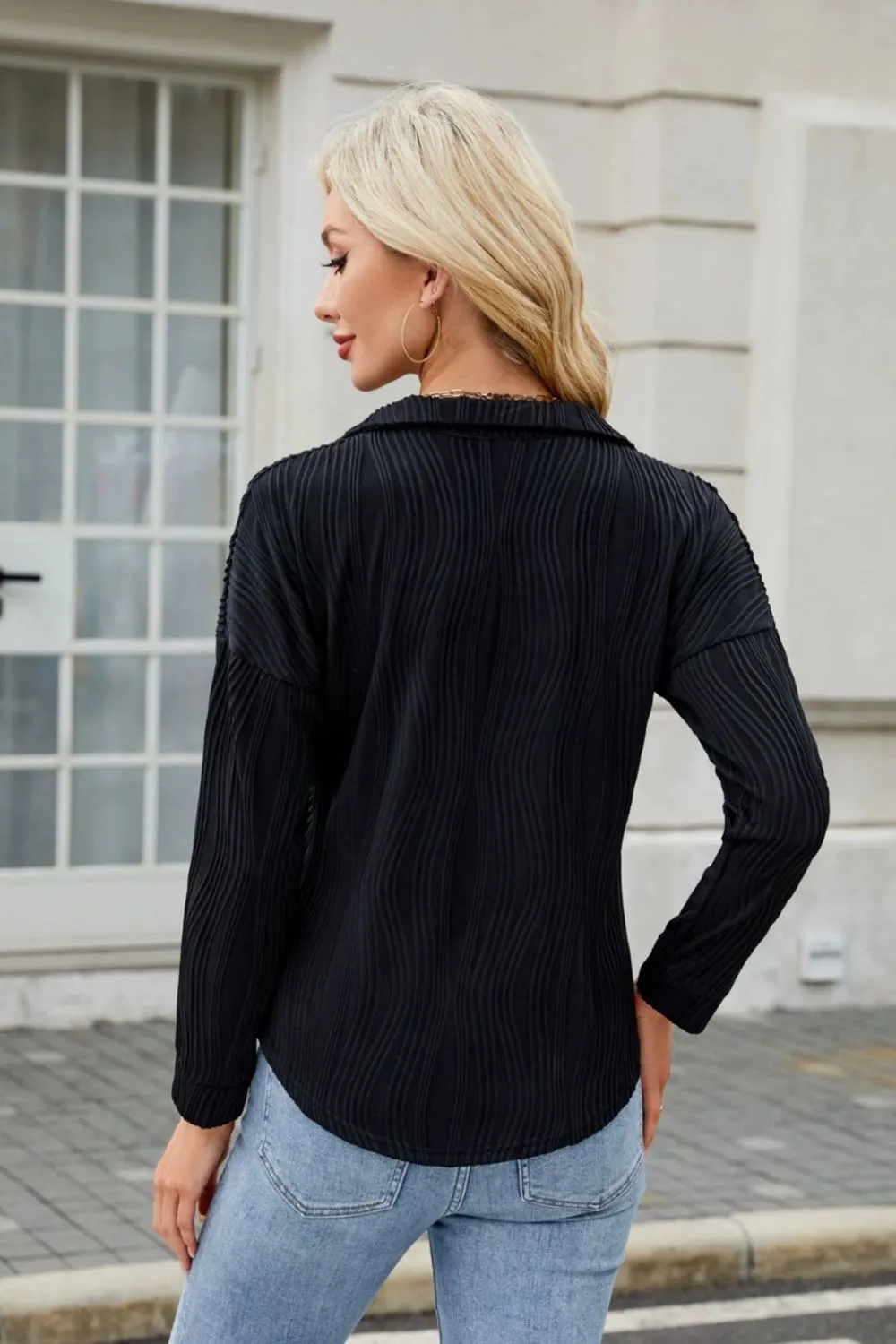 Texture Collared Neck Long Sleeve Blouse, image 16