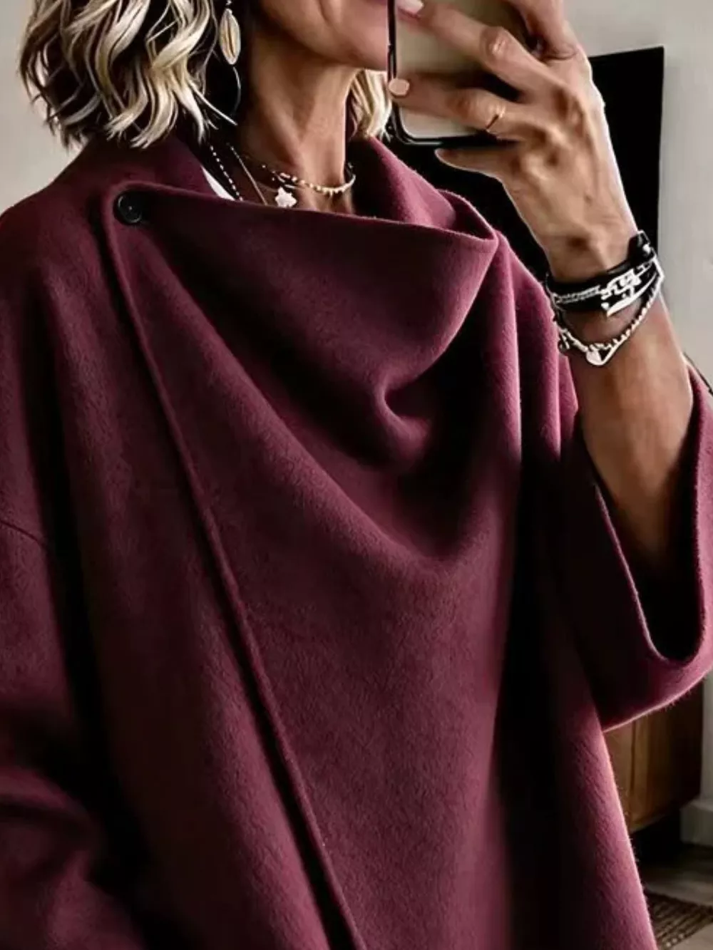Full Size Asymmetric Button-Up Cape Outerwear Plus Size, image 14