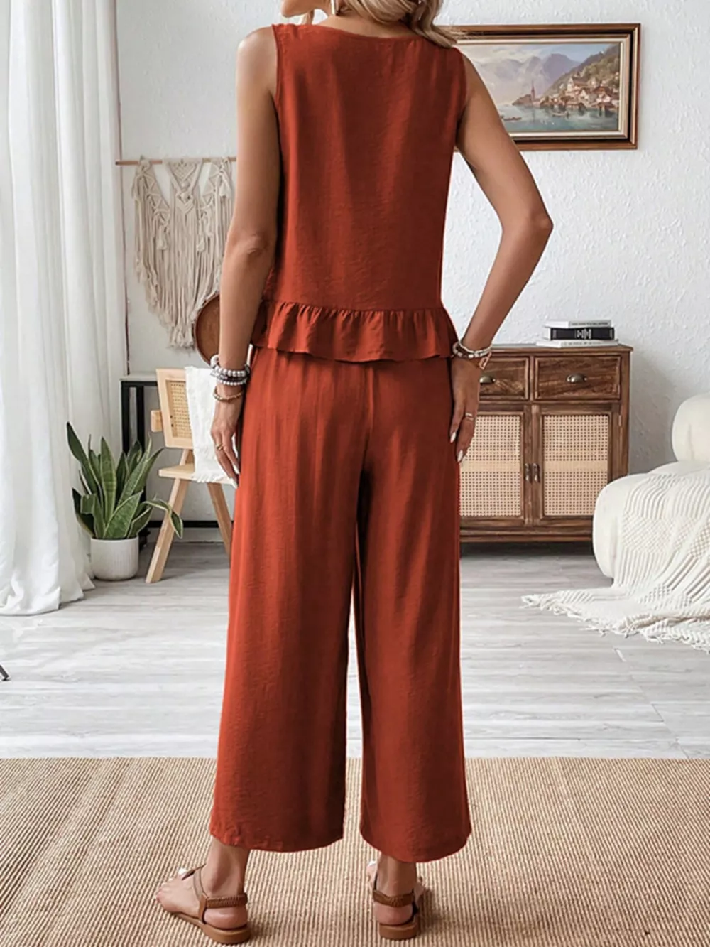 Sleeveless Ruffle Hem Tank and Wide Leg Two-Piece Set, image 4