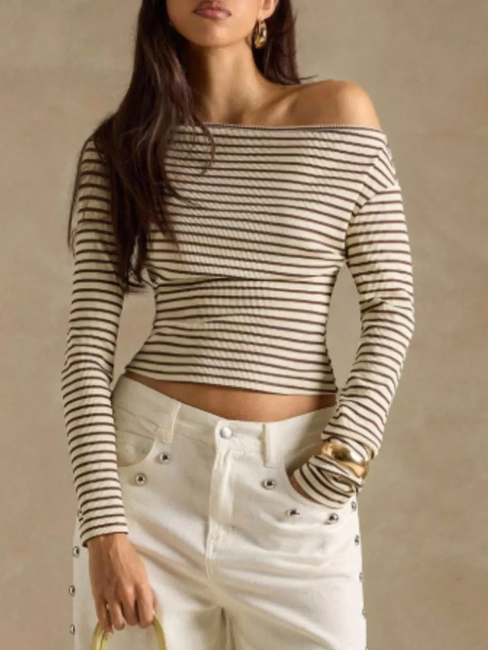 Off-Shoulder Striped Ribbed Long Sleeve T-Shirt, image 6