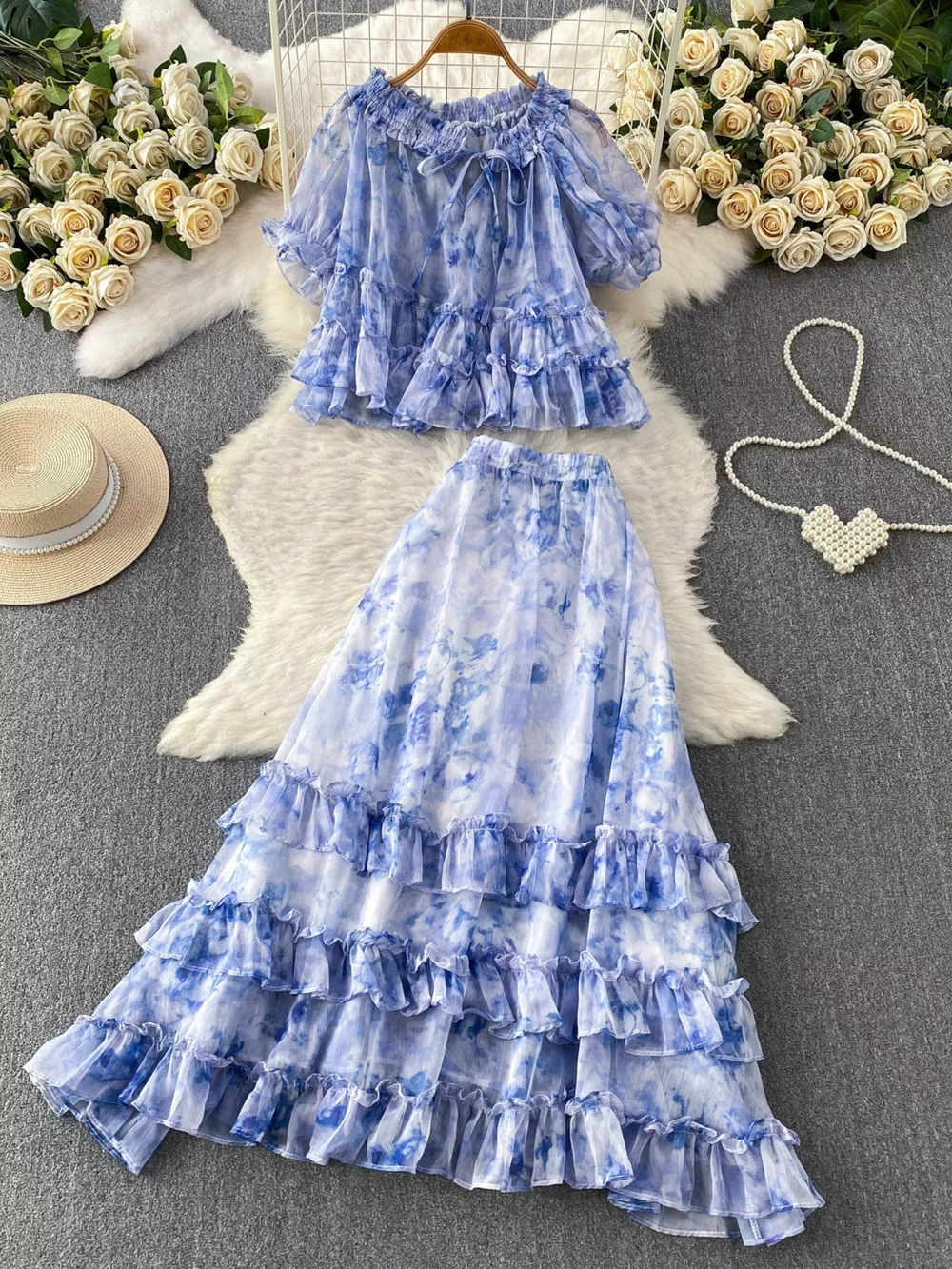 Floral Print Ruffle Hem Blouse and Skirt Set